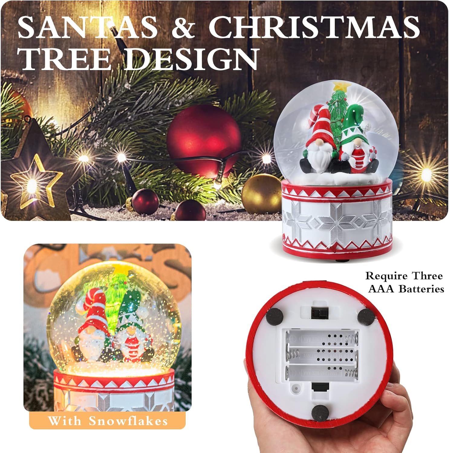 Bdor Christmas Snow Globe - Two Santas & Christmas Tree, Snow Globe with Music Box Color Changing Led Lights for Home Decor & Christmas Decorations, Snow Globes for Girls/Women/Kids/Baby - Image 7