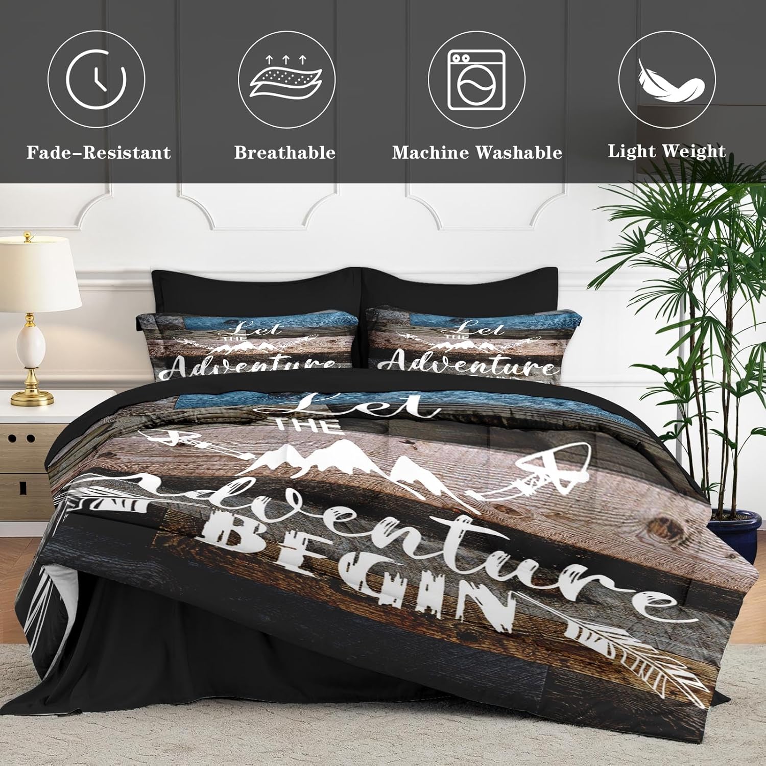 WeCozy 7 Pcs Queen Size Comforter Set with 2 Pillowcases & 2 Shams, Adventure Motivational Bedding Set for Kids and Adults, Vintage Inspirational World Bed in a Bag with Flat Sheet and Fitted Sheet