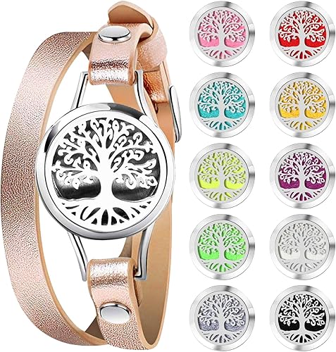 PHOGARY Pulsera de aceite esencial para mujer, pulsera de aromaterapia, pulsera de ansiedad, medallón de acero inoxidable con pulsera de cuero