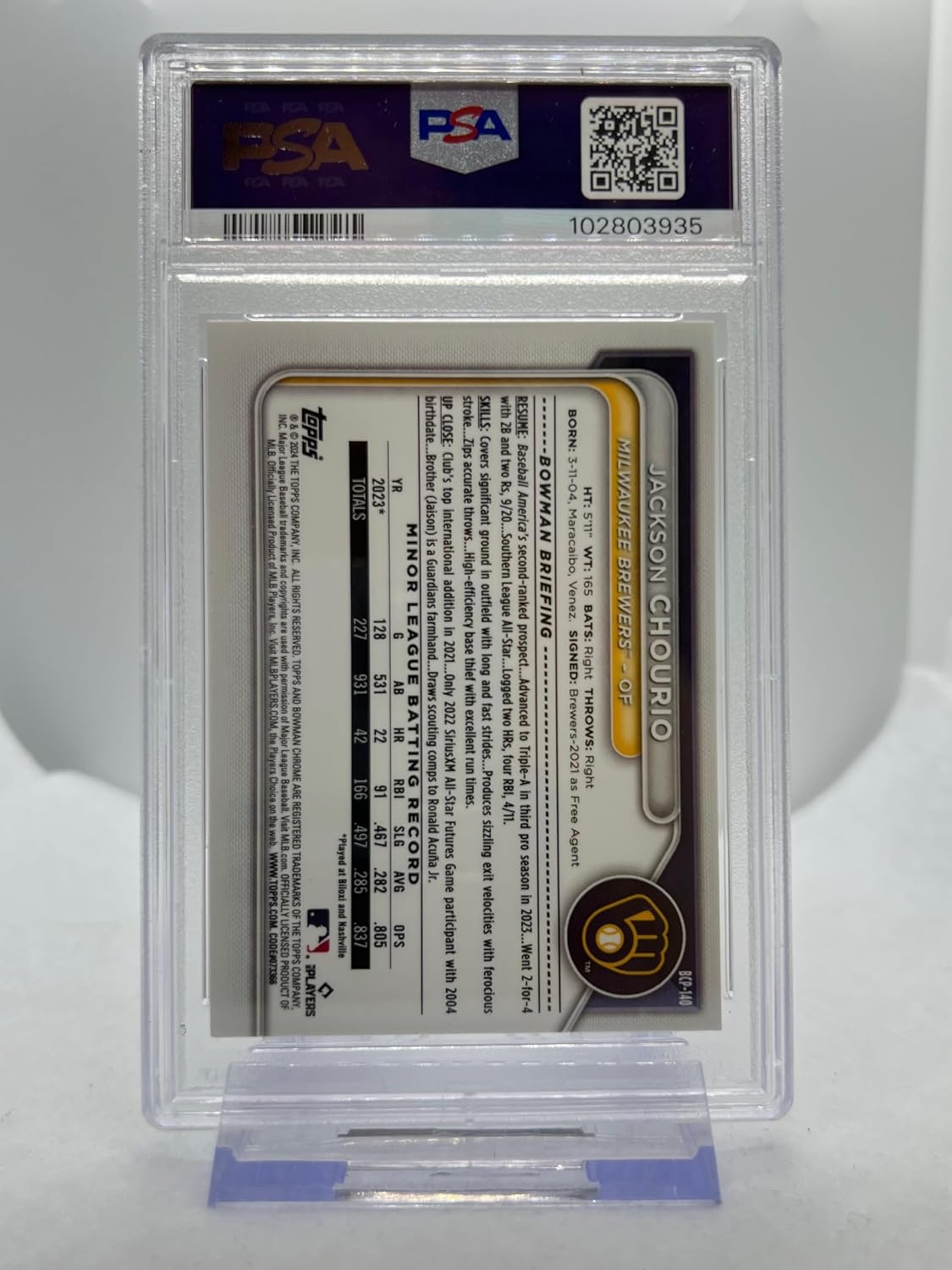 Jackson Chourio Arena Club Graded 8 NM Mint Mojo Refractor Mega Box Bowman Chrome Prospect Collectible Baseball Card Card - 2024 Bowman Chrome Baseball Card #BCP-140 (Brewers)