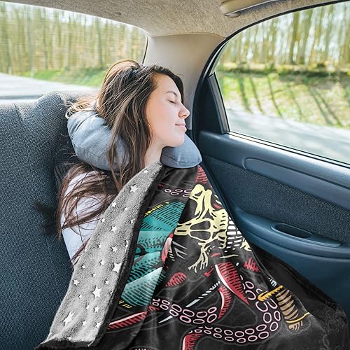 Miniatura 6 de Manta que brilla en la oscuridad para niños y niñas, diseño de calavera espeluznante pirata, feliz Halloween, tentáculos, negro, suave, suave, manta