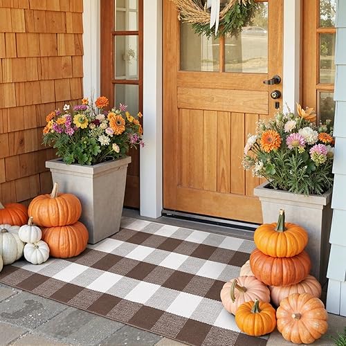 Miniatura 10 de KIMODE Tapete de Navidad para puerta de exterior de 35 x 59 pulgadas, alfombra de cuadros rojos y negros, alfombra de algodón lavable a mano,