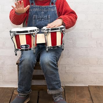 Pyle Bongo Drums, Bongos for Adults & Kids, 2 Hand Drums for Adults, 19.05cm & 16.51cm Tunable Handmade Wooden Instrument, Lightweight & Compact Tabletop Design, Includes Tuning Wrench