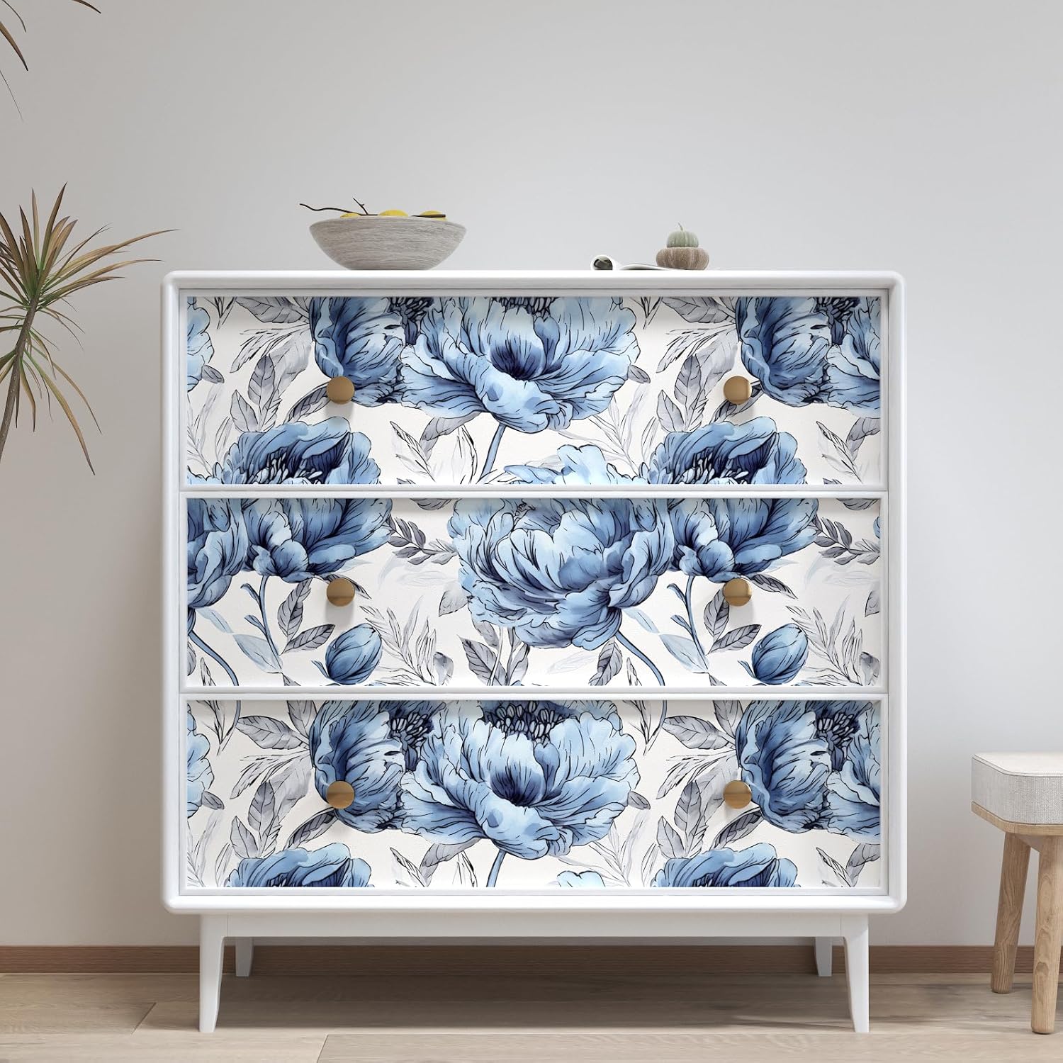 BOKEBEVE Extra Long Boho Blue Floral Contact Paper,Floral Wallpaper Peel and Stick for Bedroom Bathroom Cabinet Countertop Removable Renter Friendly 17.5 x 393.5In