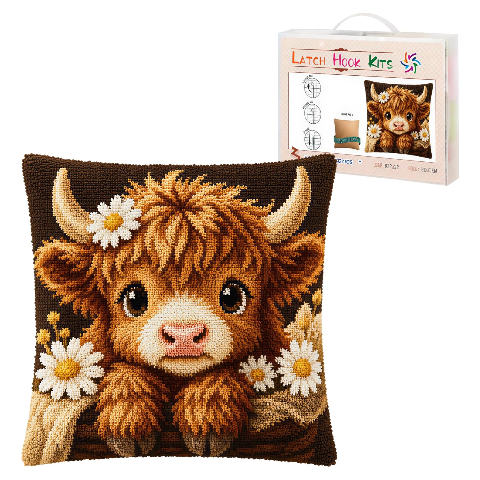 Velorin Highland Cow Latch Hook Kits for Adults, Latch Hook Cushion Kits, Craft Kits for Pillow Cover Cushion Cover Highland Cow Gifts (D)