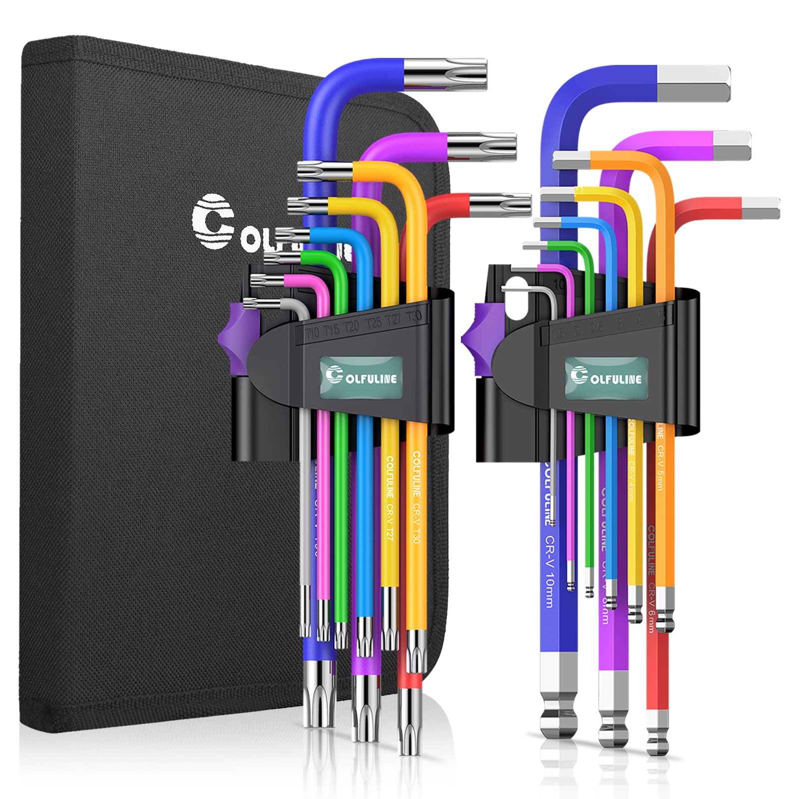 COLFULINE 18PCS Allen Key Set & Torx Key Set, Long Ball End and Torx Hex Key Set with Colour Coding- Sizes 1.5mm-10mm, T10-T50, Tx Star Allen Key for Furniture Assembly, Bicycle Repair, Household DIY