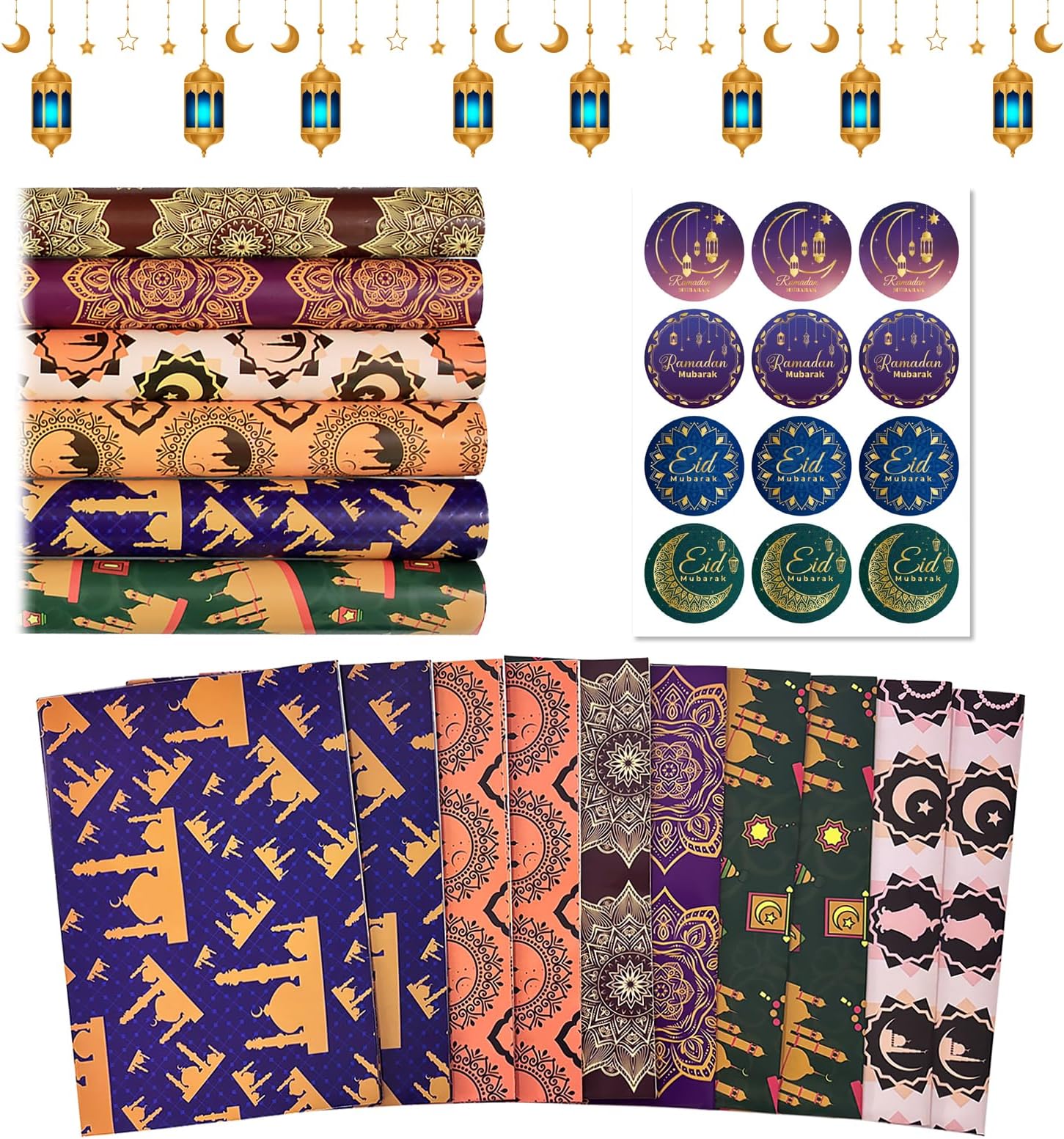 10pcs Eid Wrapping Paper, Ramadan Mubarak Stickers with Moon Star Patterns Gift Wrap Papers Rolls, 70 * 50 Sheets Recyclable Islamic Mubarak Decoration for Muslim Gifts Wrappings Decorations