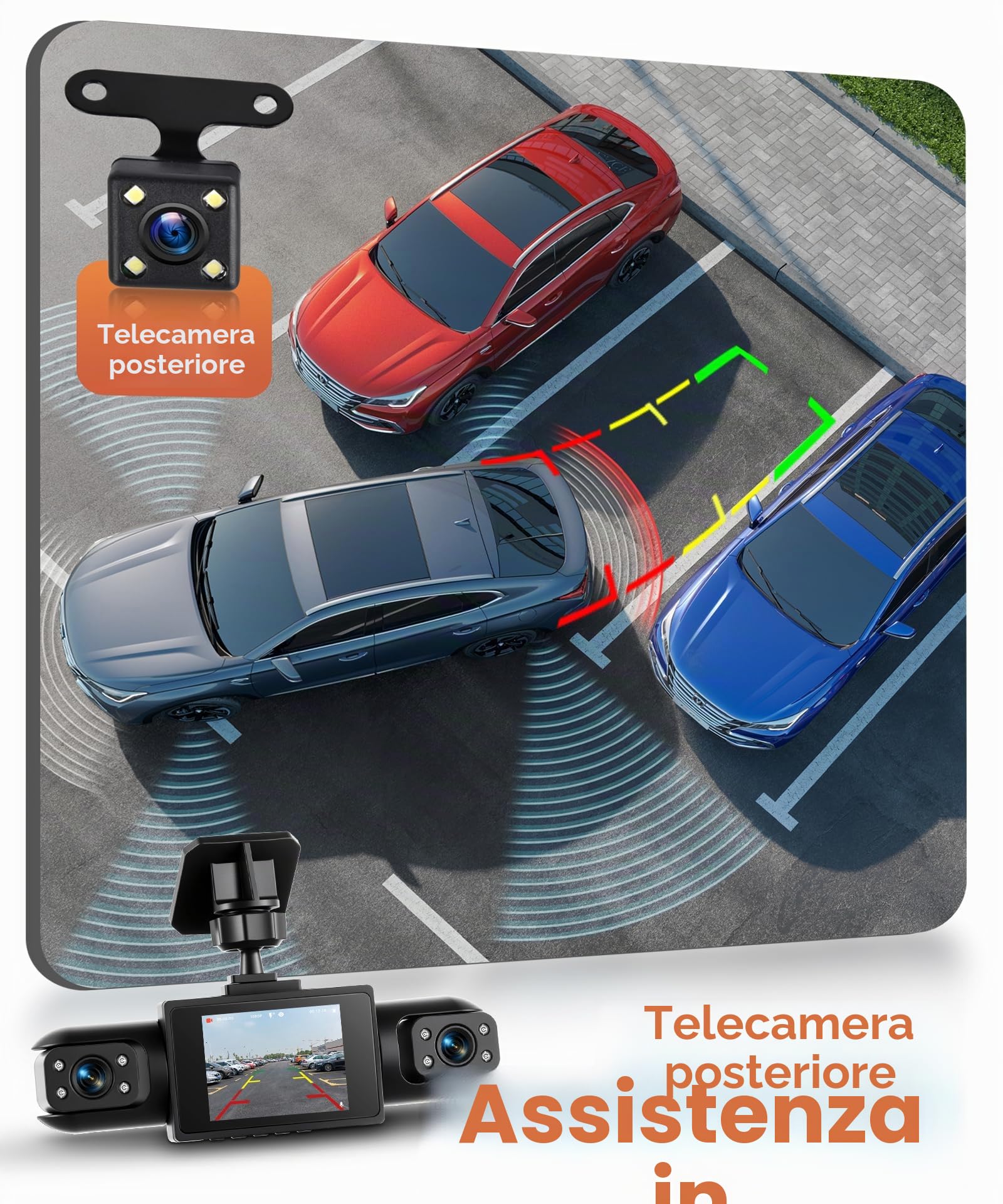Rimoody 360° 4 Canali Dashcam Auto, 4 Telecamera HD 1080P Anteriore e Posteriore Sinistra Destra, 2 Pollici IPS Schermo Dash Cam con Visione Notturna 8 IR/Loop Video/24H Parcheggio Monitor