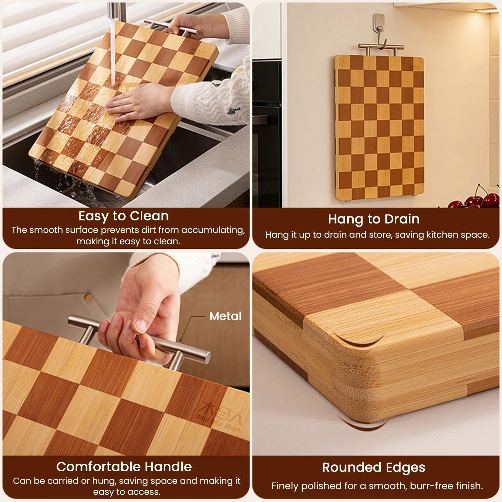 Tabla de cortar grande de bambú para cocina, tabla de cortar gruesa antideslizante con superficie de doble cara de grado alimenticio para carne, pescado, verduras