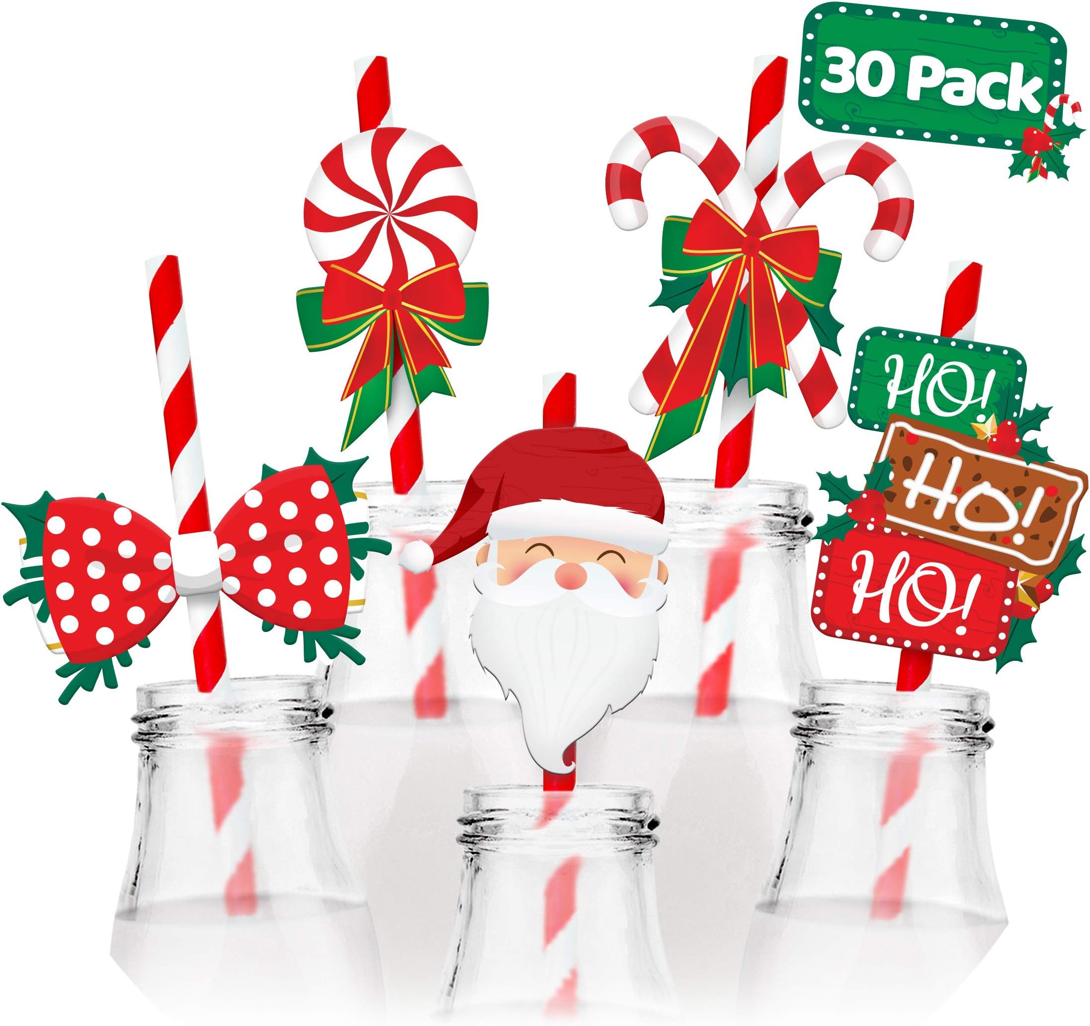 Christmas Drinking Straw Decorations Set (30 Pieces) – Xmas Party Décor Supplies Navidad Decoration for Cups, Party Favors and Cupcake Toppers