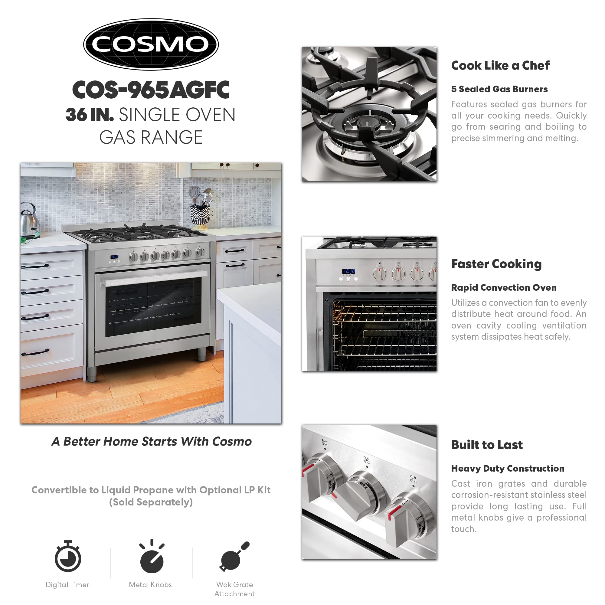 Cosmo COS965AGFC 36 in. Gas Range with 5 Burner Cooktop, 3.8 cu. ft