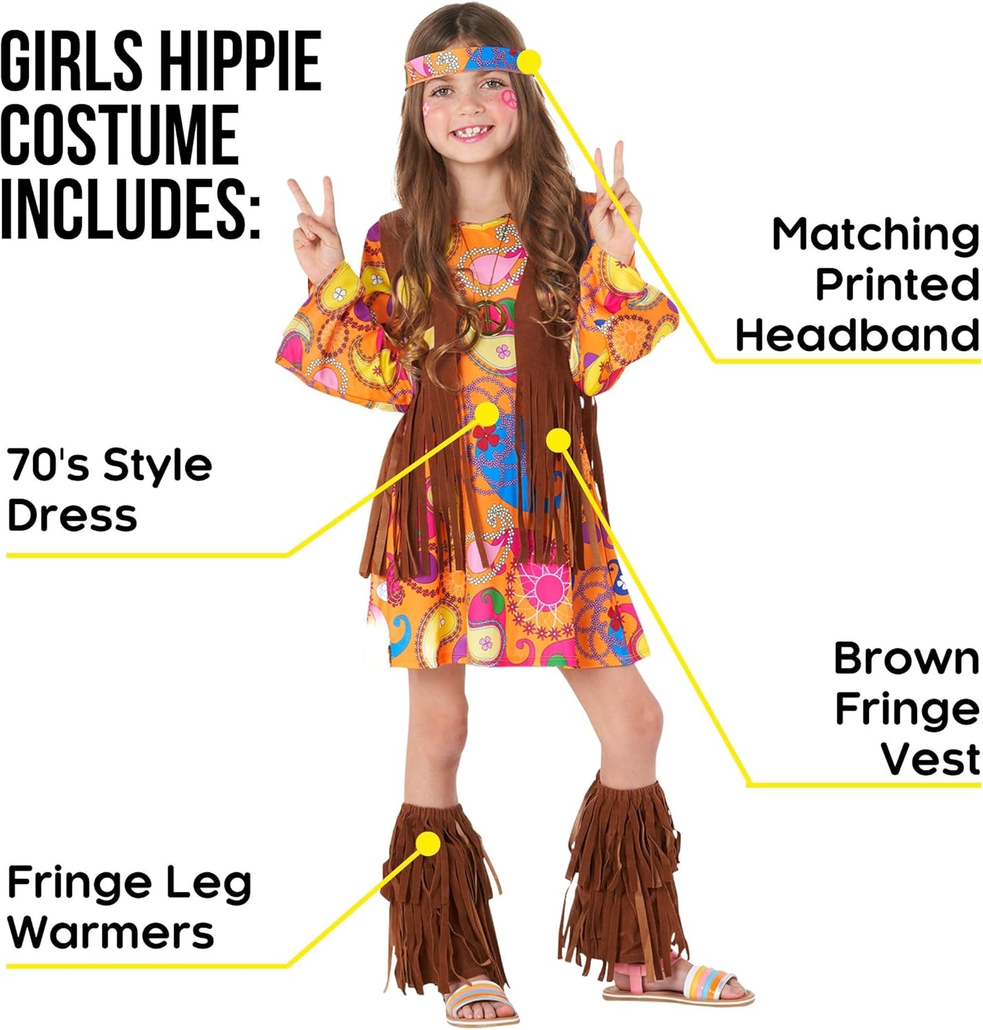 Morph 70s Outfits For Kids, Girls Hippie Costume, Hippie Costume Kids, Book Characters Costumes for Kids - Image 2
