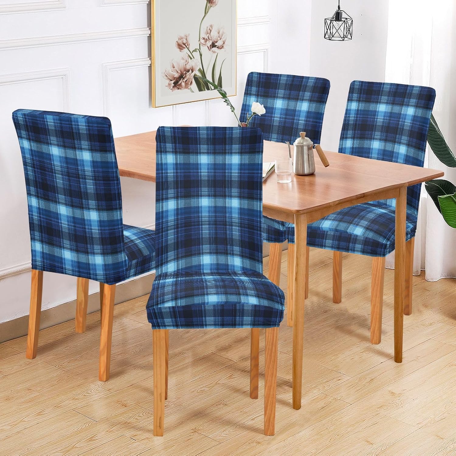 ALAZA Chair Covers for Dining Room, Blue Tartan Pattern Plaid Stretch Chair Cover Sets Chair Protector Removable Washable for Ktichen Restaurant Hotel