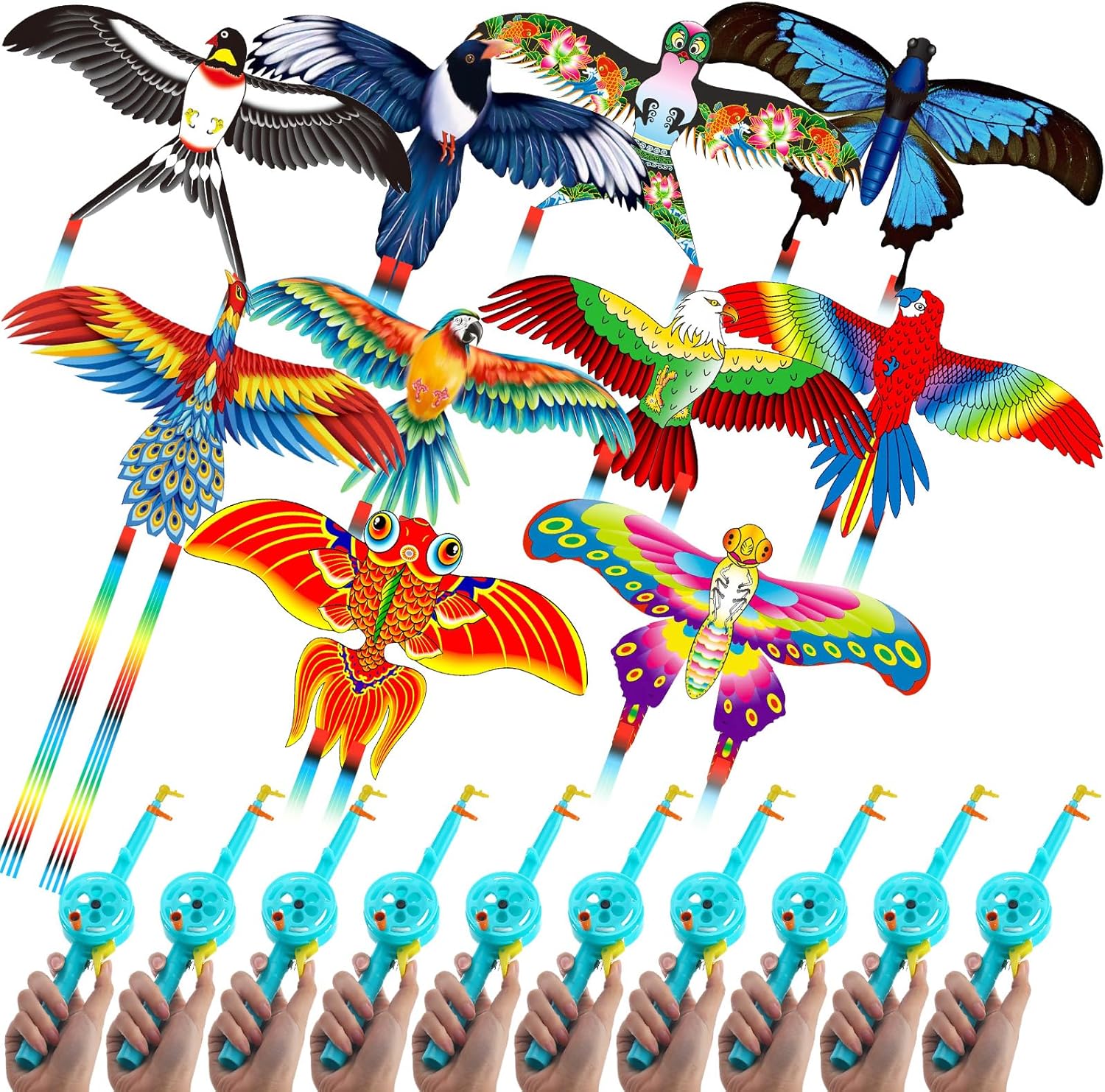 VioraWhite 10 Pack Fishing Rod Kites for Kids Adults - Butterfly Swallow Parrot Eagle Designs, Easy Fly Beach Kites