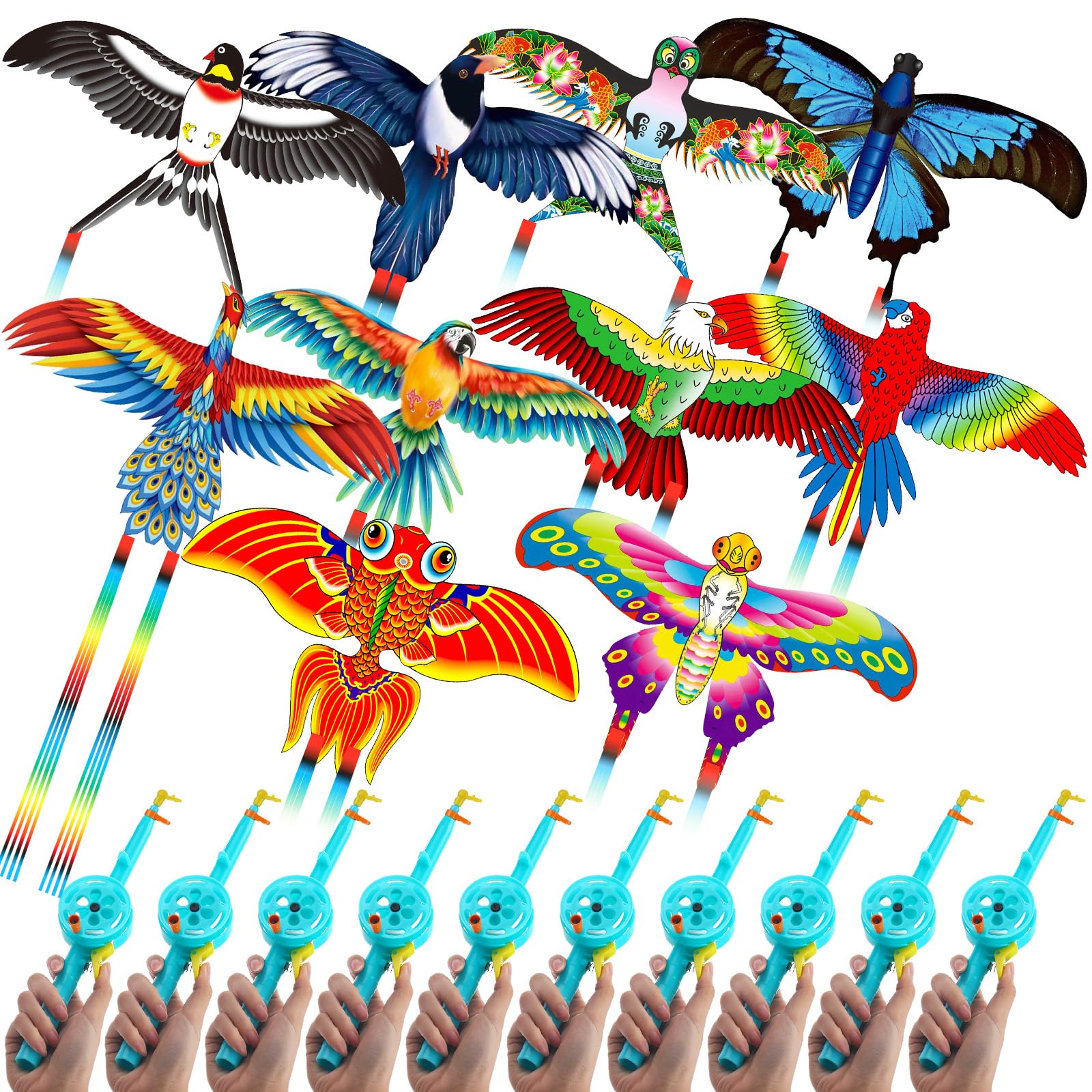 VioraWhite 10 Pcs Fishing Rod Kite for Kids, Vivid Butterfly Swallow Parrot, Easy to Fly, Swallows, Bald Eagles, Magpies Kites for Family Adults
