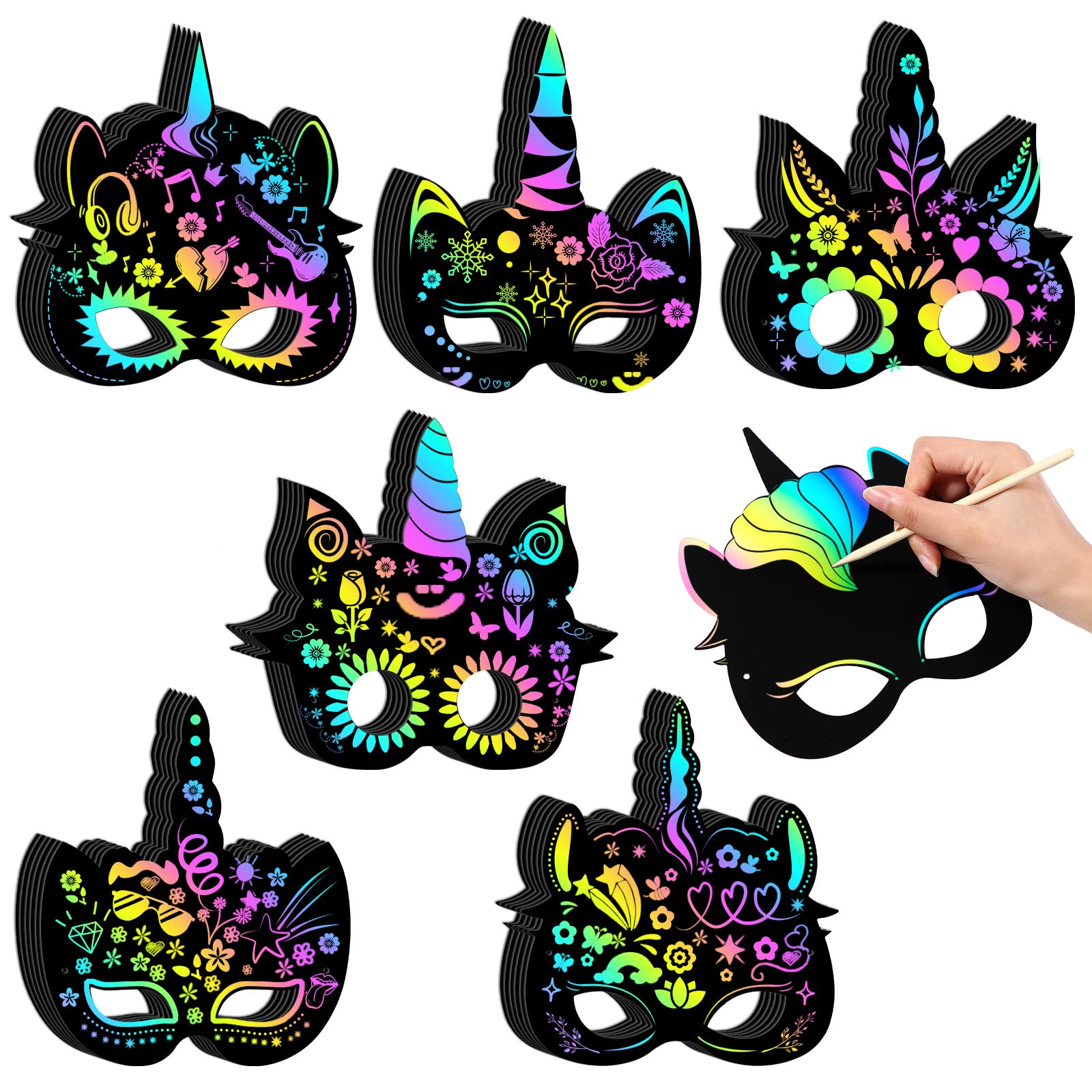 48 Sets Unicorn Scratch Mask Scratch Unicorn DIY Masks Unicorn Mask Rainbow Paper Unicorn Art Mask Unicorn Party Favors with Wooden Stylus and Elastic Bands Dress up Costumes for Unicorn Party Supply