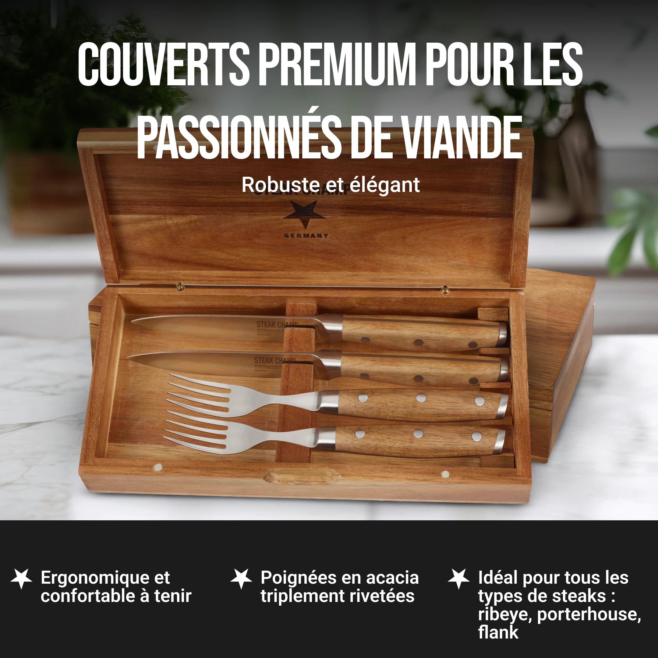 Fourchette à viande et couteau à steak Steak Champ, 2 x 2 pièces : Fourchettes et couteaux en acier à lame, affûtés au micro-ondes, set de 4 pièces, boîte en bois incluse
