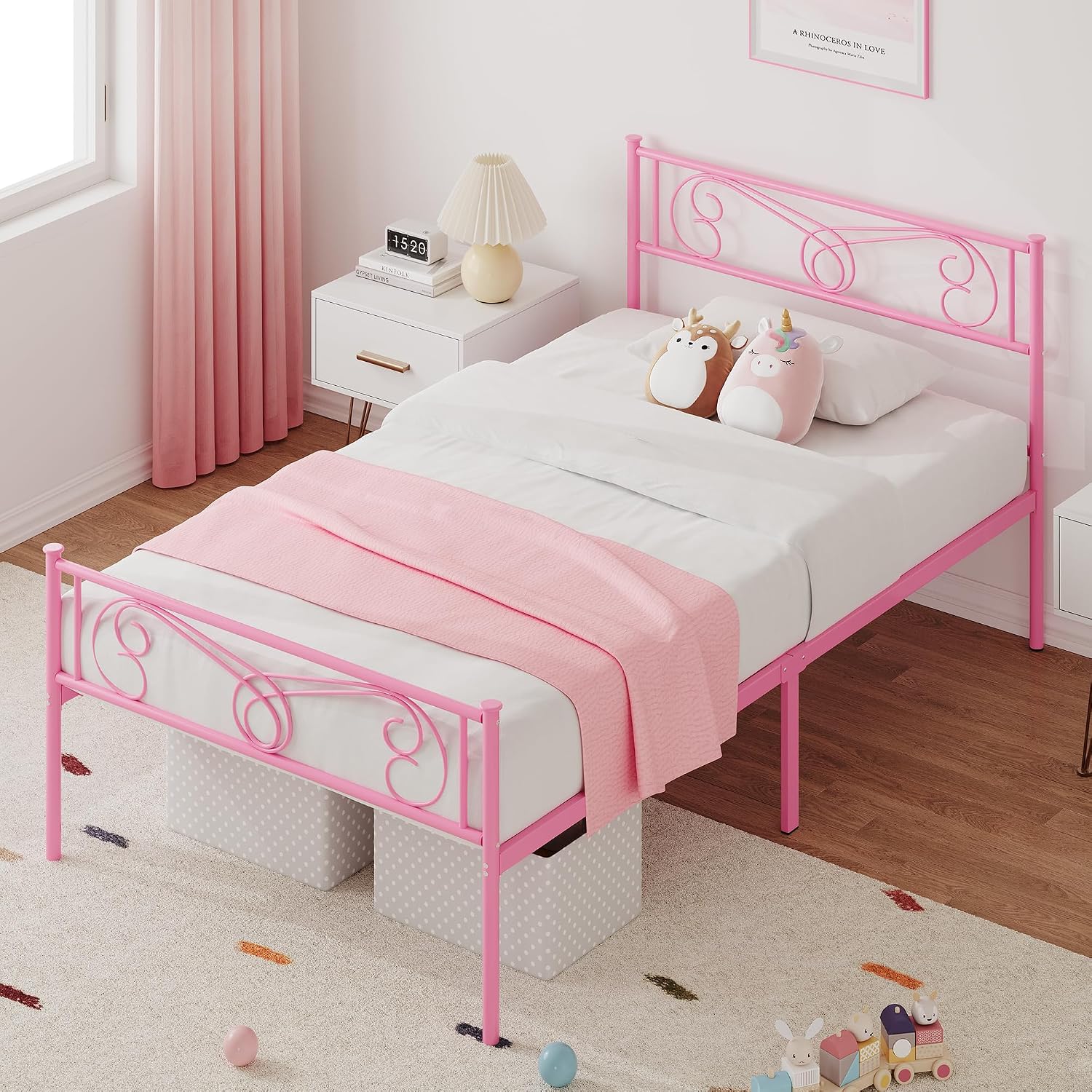 GAOMON Pink Twin Bed Frame with Headboard and Footboard for Girls, Twin Size Bed Metal Platform with Steel Slat Support, Mattress Foundation with Storage, No Box Spring Needed, Easy Assembly