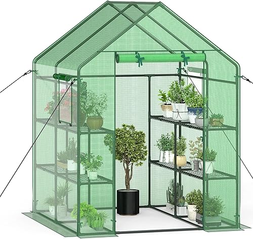 Miniatura 8 de S AFSTAR Invernadero para caminar, 4.8 x 4.8 x 6.4 pies, casa verde con 2 estantes de malla de 8 niveles y puerta enrollable con cremallera,
