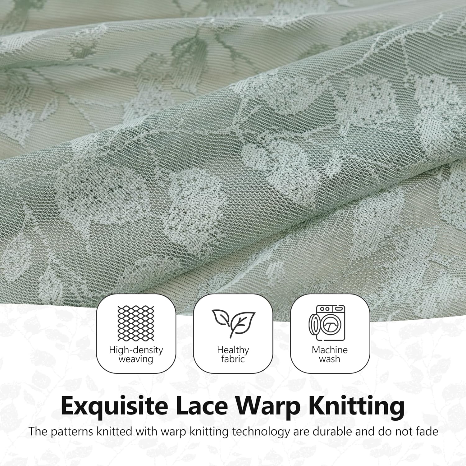 Rinwoc Sage Green Lace Semi-Sheer Curtains – Vintage Leaf Pattern Lace for Bedroom/Bathroom, Light Filtering Rod Pocket Drapes, Privacy Chic Window Treatments, 52W x 72L Inch, 2-Panel Set