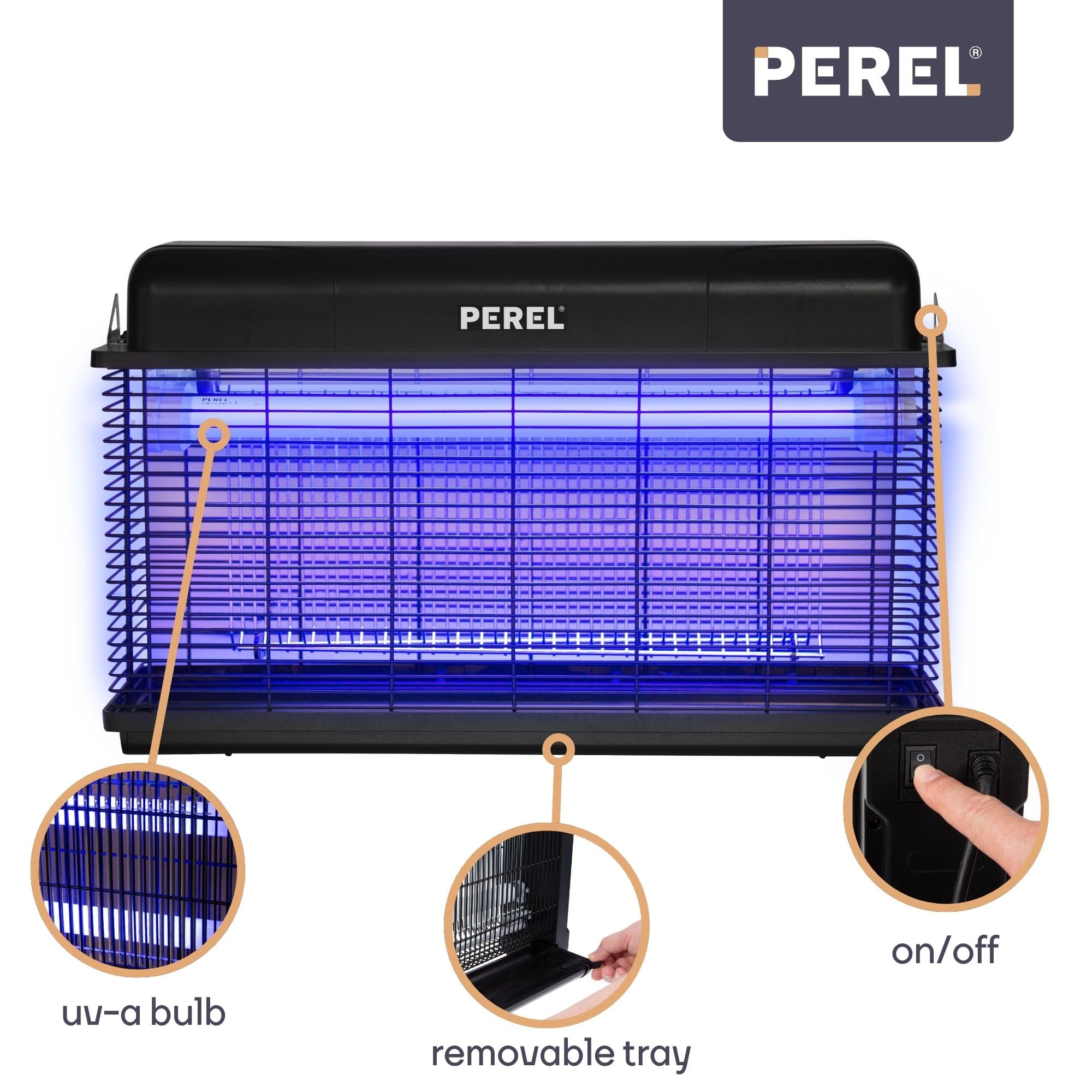 Perel Distruggi insetti LED UV elettrico, griglia 3000V, IPX4 resistente agli spruzzi, vassoio removibile, copertura 100 m², dispositivo potente per interno ed esterno