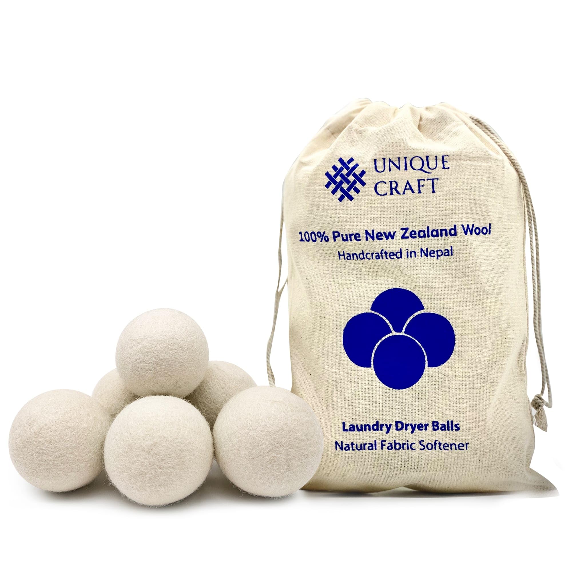Unique Craft Wool Dryer Balls 6-Pack XL, Premium Organic Fabric Softener, Chemical-Free, Hypoallergenic, Hand-Felted, Reusable, Reduces Wrinkles &