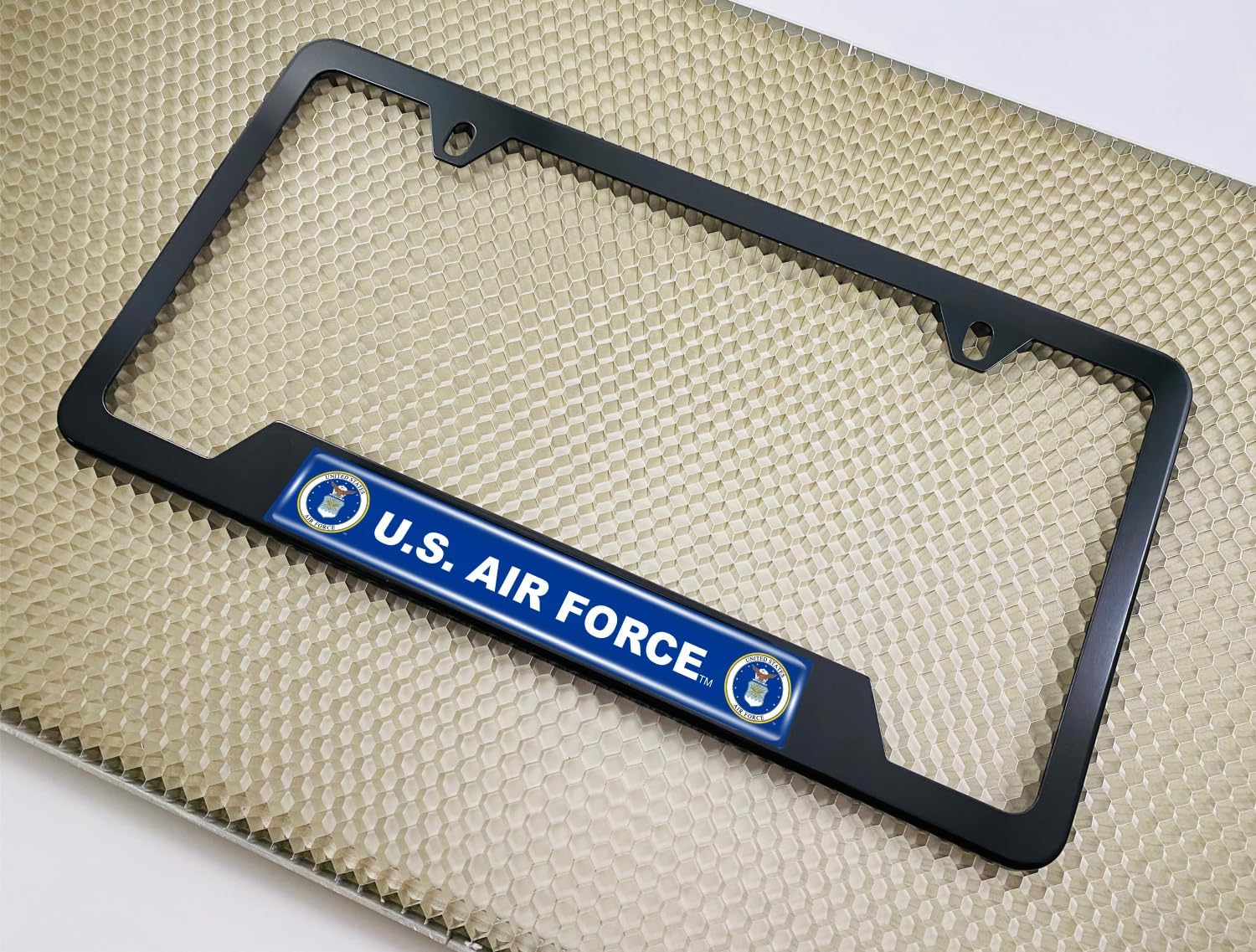[Officially Licensed Product] - Stainless Steel Matte Black CAR 2-Hole Standard Size - Domed Custom-Made Corrosion-Resistant License Plate Frame with US Air Force Design & Free caps - (Qty: 1 Frame)