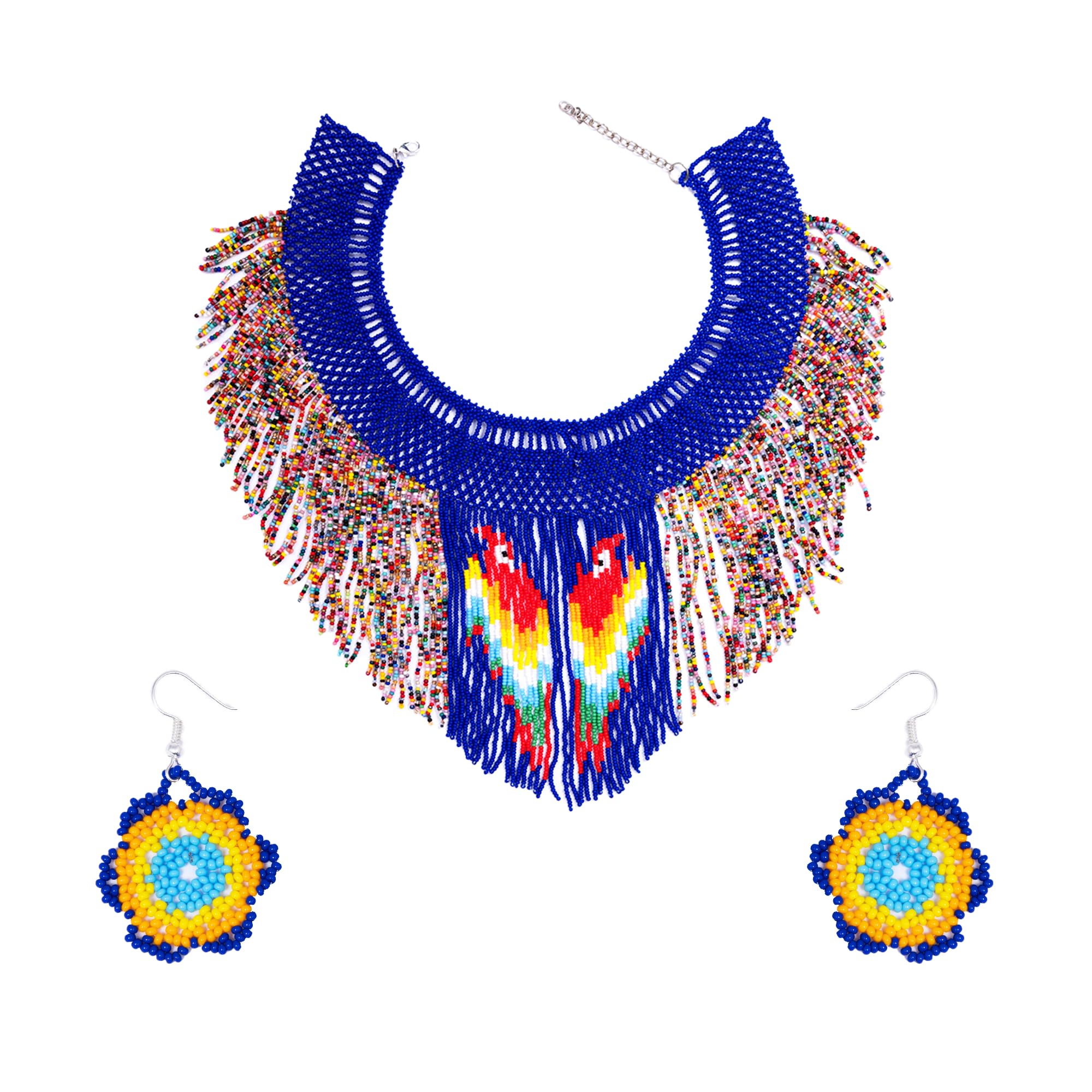 Twin Parrot Beaded Necklace and Earring Set for Women & girls – Handwoven Royal Blue Statement Jewelry with Multicolor Fringe-image-4
