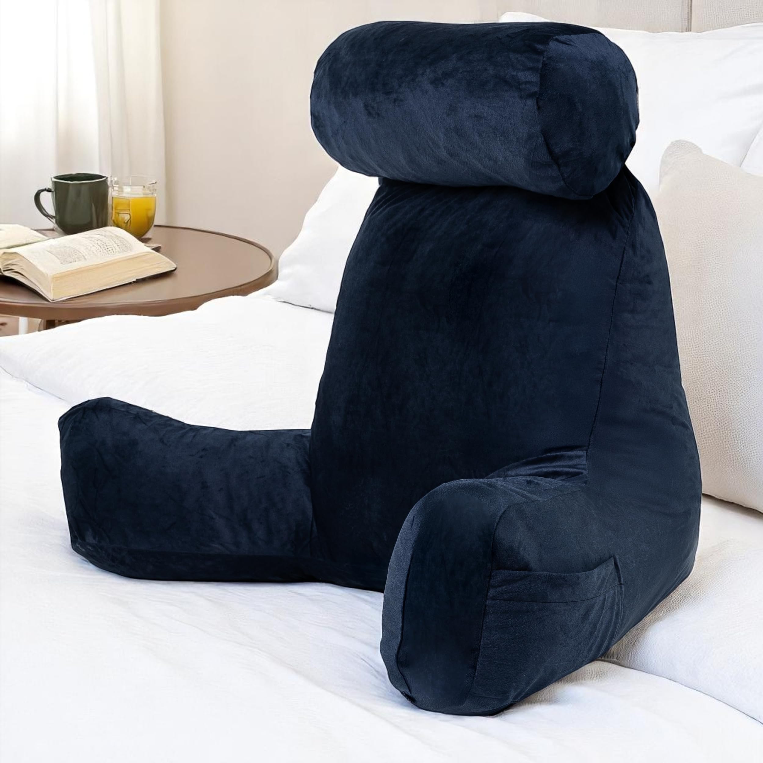 bananair - Coussin de Lecture Velours - Fabriqué en France - Housse Lavable - Soutien Dorsal Optimal - Accoudoirs Pratiques & Assise Ergonomique - Oreiller/Fauteuil de Lecture (Bleu)