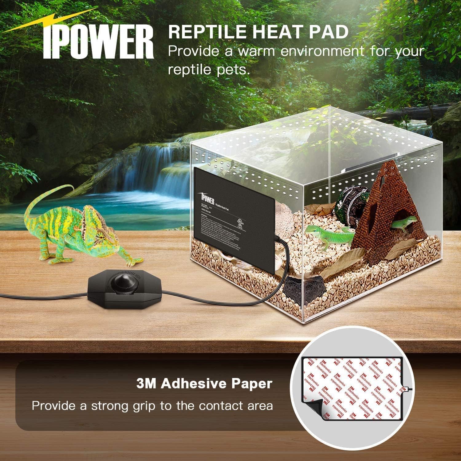 iPower Podkładka grzewcza dla gadów 20 x 30 cm z pokrętłem regulatora temperatury, ogrzewacz pod zbiornik, mata termiczna dla gadów i płazów