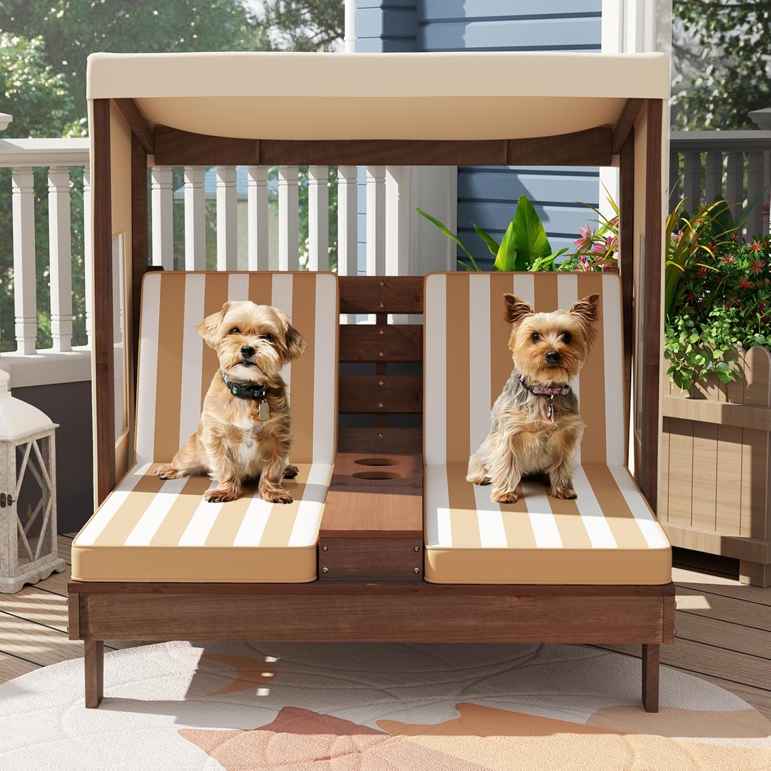 Costzon Kids Lounge Chair Outdoor, Wood Double Seat Chaise Lounge with Canopy, Cup Holders, Cushion, Backrest Recliner, Kids Patio Furniture, Gift for Boys Girls 3-8 Years Old