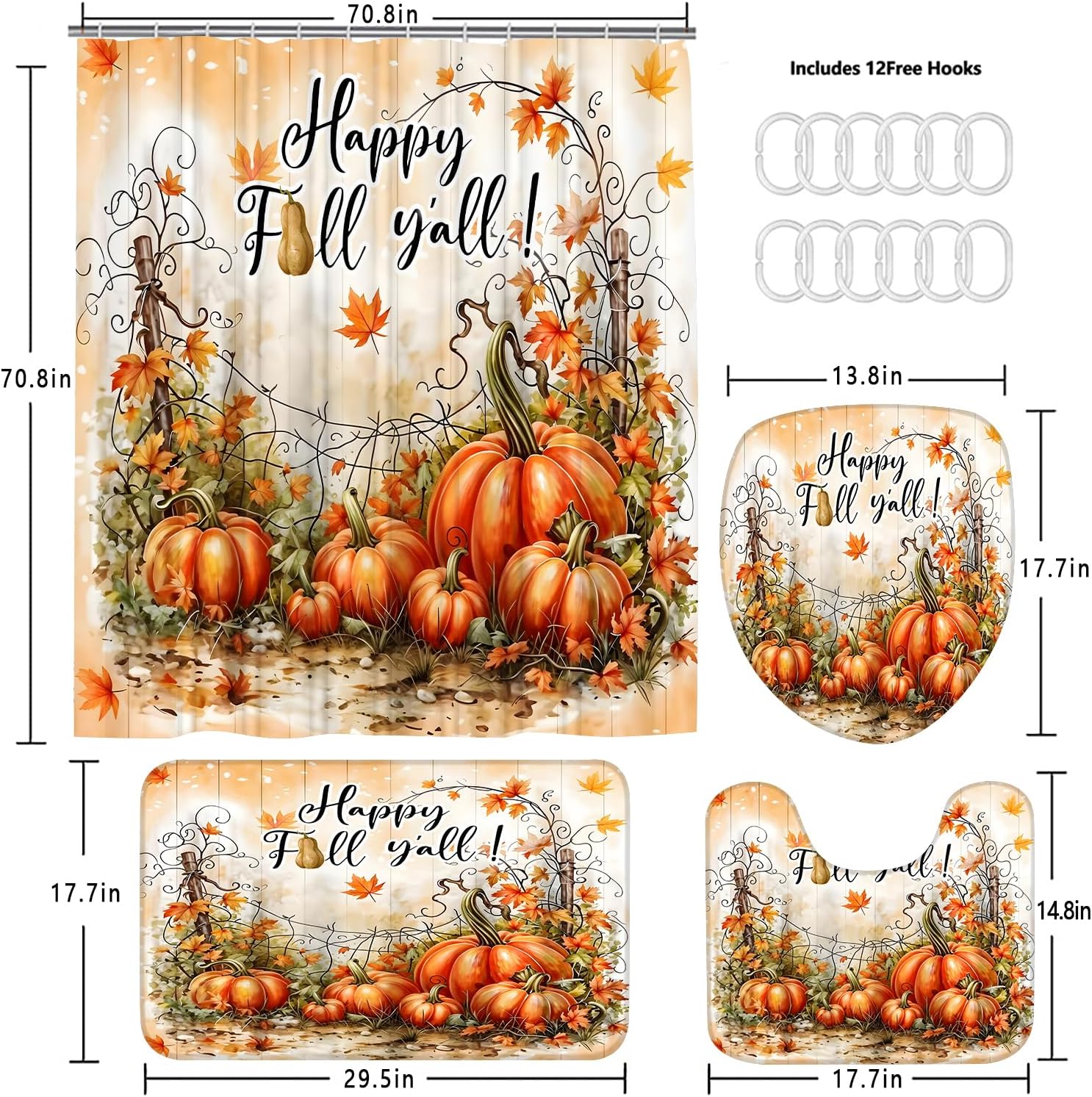 AZHM 4 Pcs Thanksgiving Pumpkin Harvest Shower Curtain Set with Rugs image 4