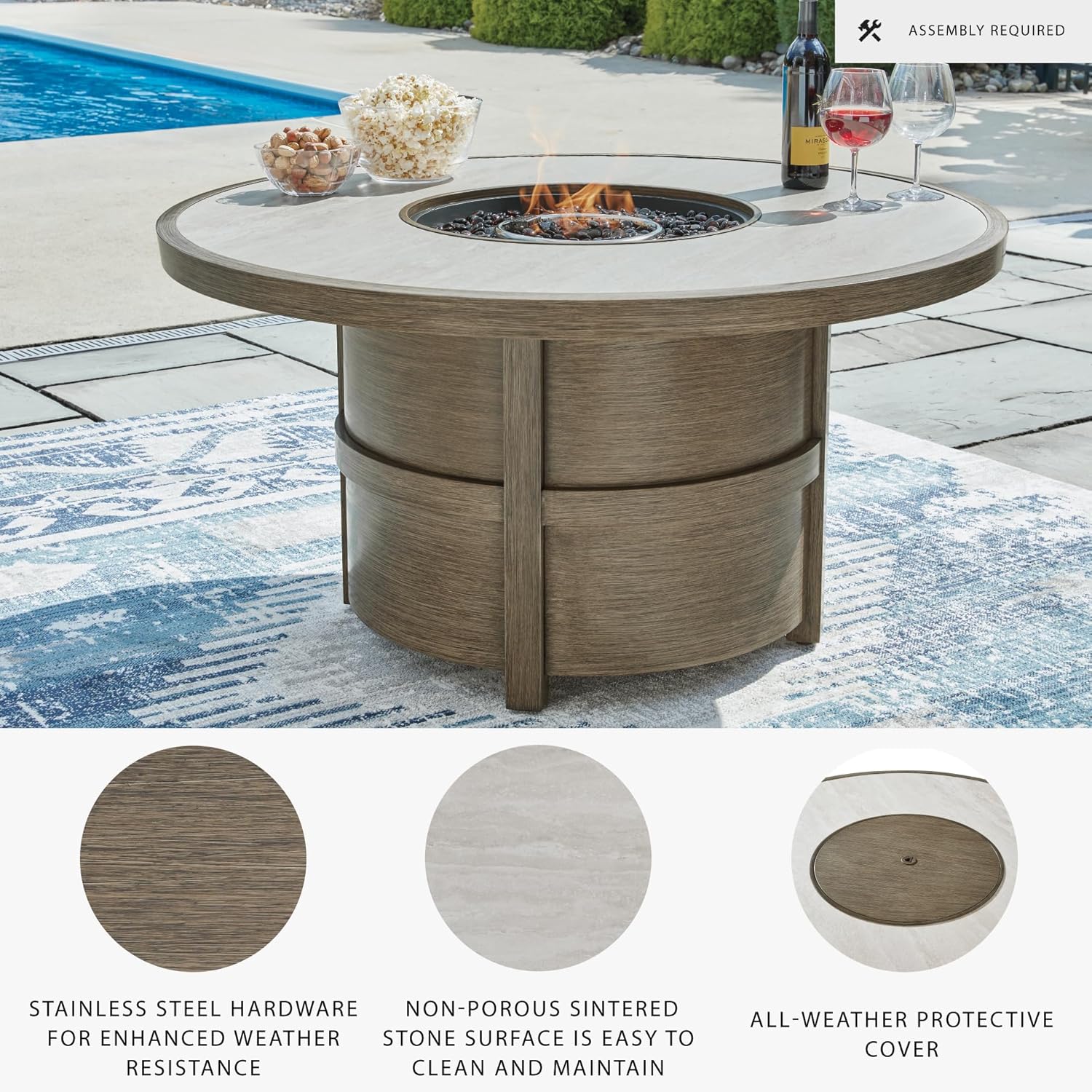 Signature Design by Ashley Rainier Ranch Contemporary Sintered Stone Tabletop Outdoor Fire Pit Table with Pedestal Base, Light Brown & Beige