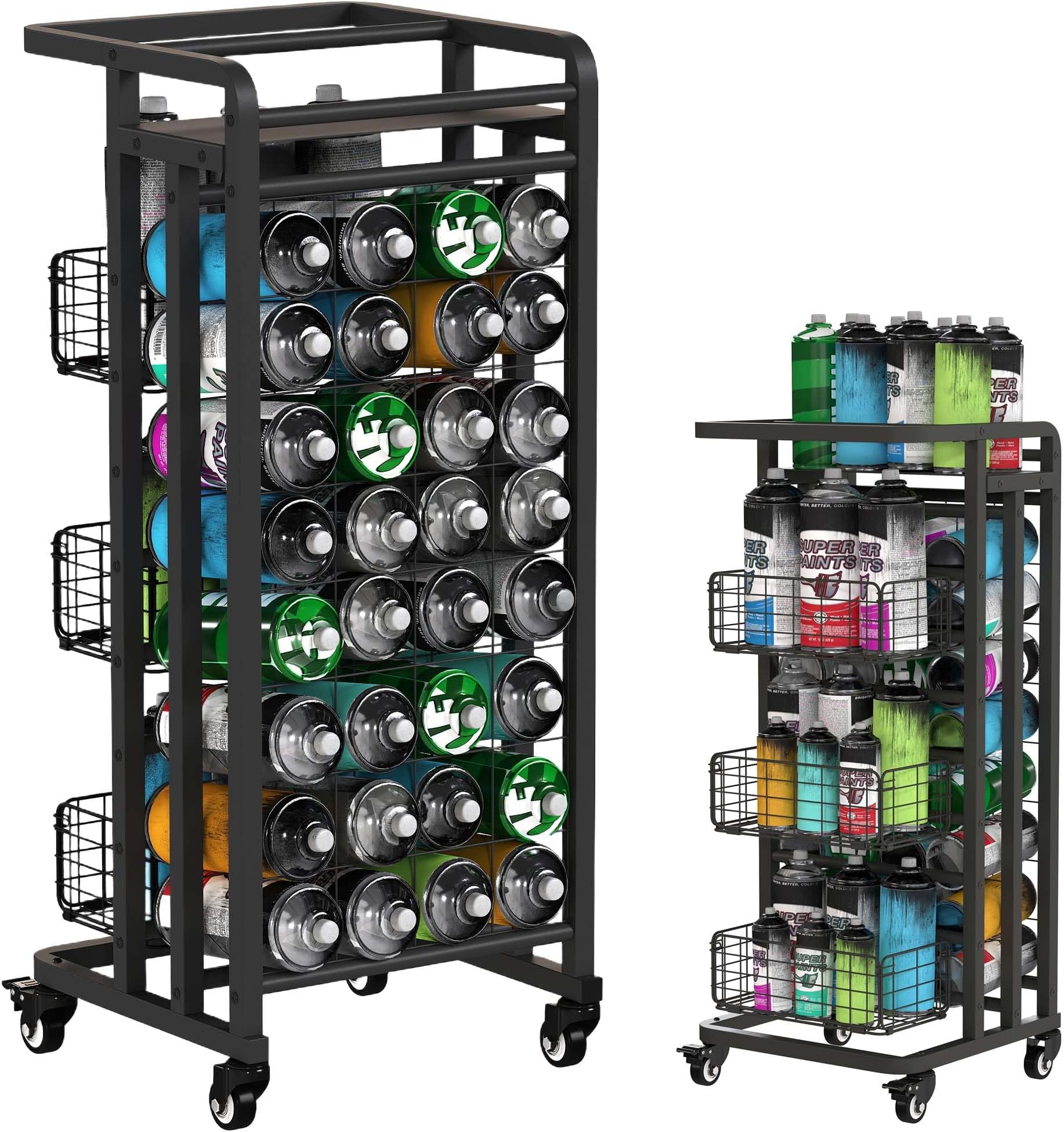 Rolling Spray Paint Can Holder, Metal Spray Can Organizer with 3 Basket, 32 S...