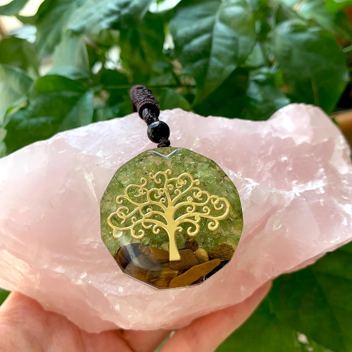 Tree of Life Orgonite Necklace, Natural Peridot and Tiger Eye Crystal Orgone Pendant with Adjustable Cord, Chakra Reiki Spiritual Protection Amulet Yoga Jewelry for Women Men - Image 5