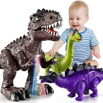 Doloowee 3-Pack Walking Dinosaur Toys for Kids 3-5 with Sounds and Lights