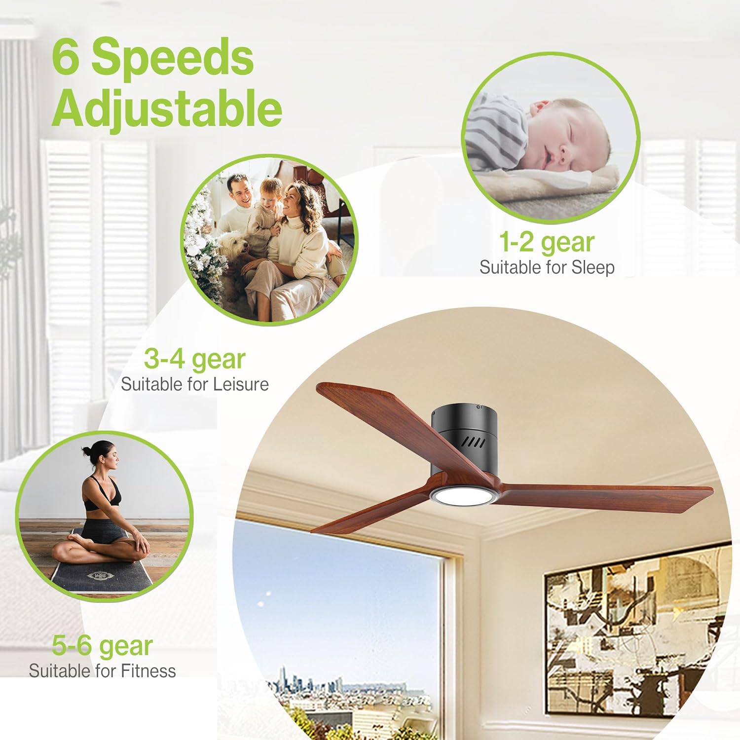 DAMINY ceiling fan with light, illustrating 6 adjustable speeds for different activities like sleep, leisure, and fitness.