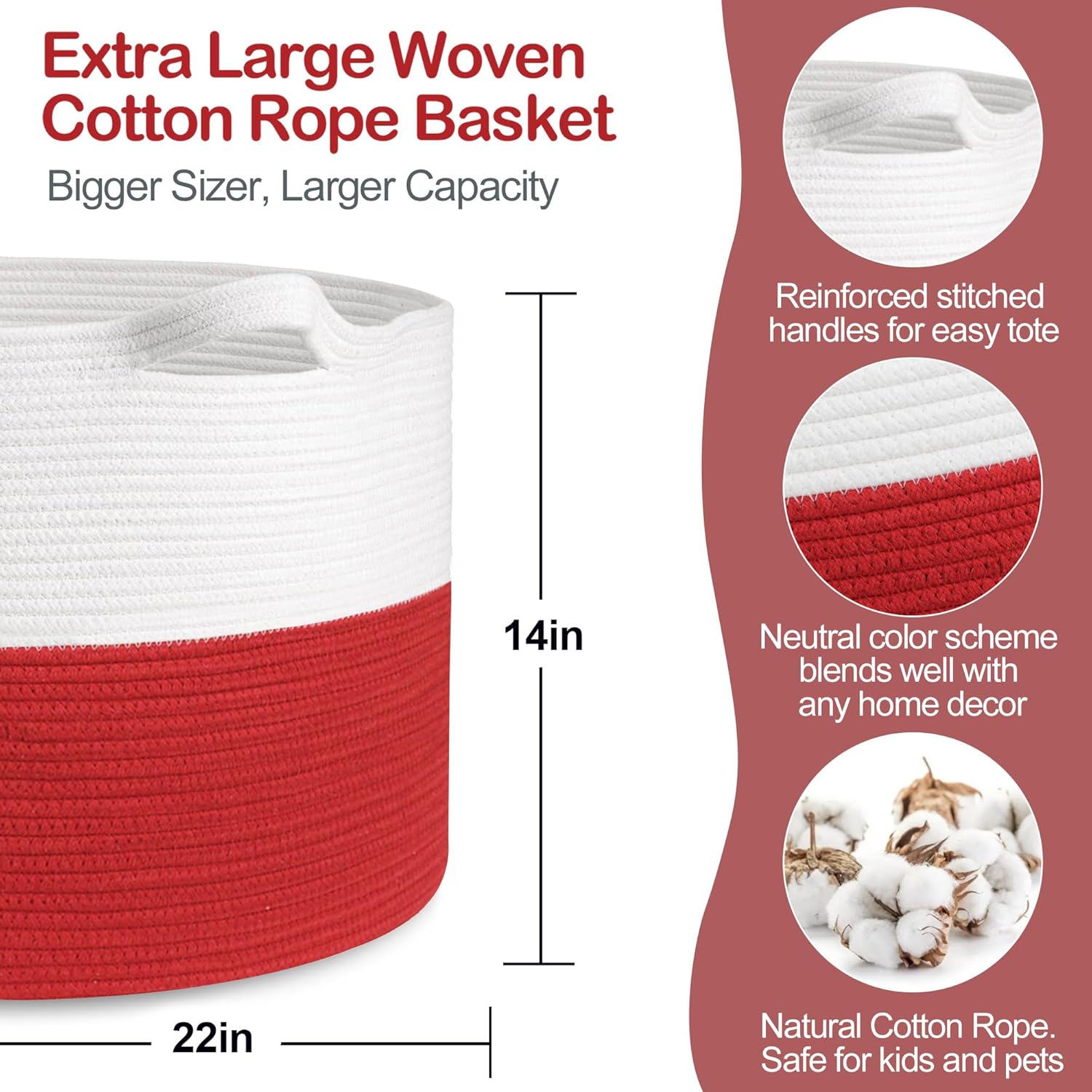MEGASKET Large Red Baskets for Storage, 22x14 Wicker Woven Storage Basket, Blanket Organizer, Kids Toy Bin Box, Bathroom Beach Towel Basket, Basket for Gifts Decor, Fireplace Living Room Decoration