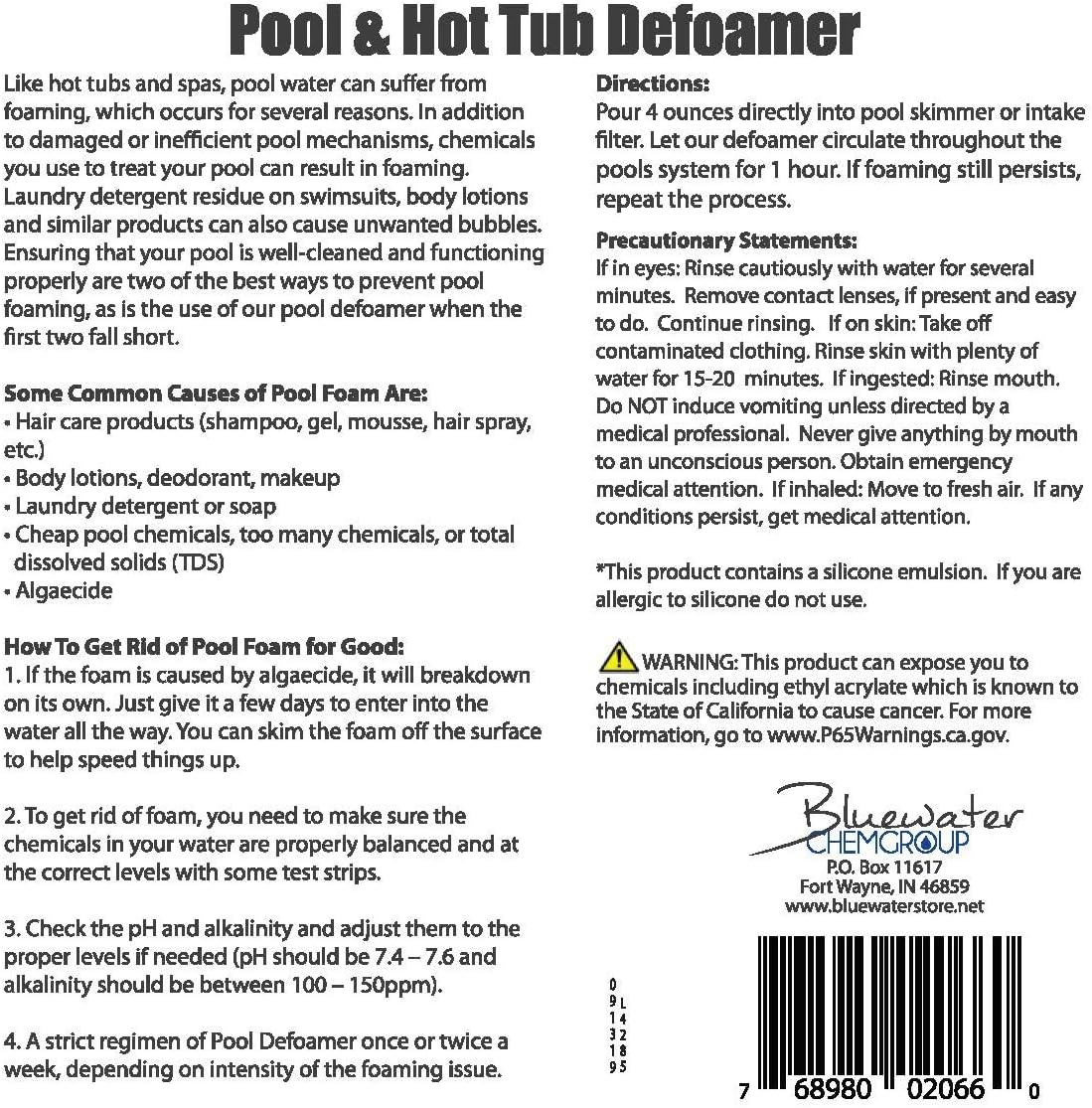 Pool & Hot Tub Defoamer, 1 Gallon, Quickly Eliminate Foam in Pool or hot tubs.