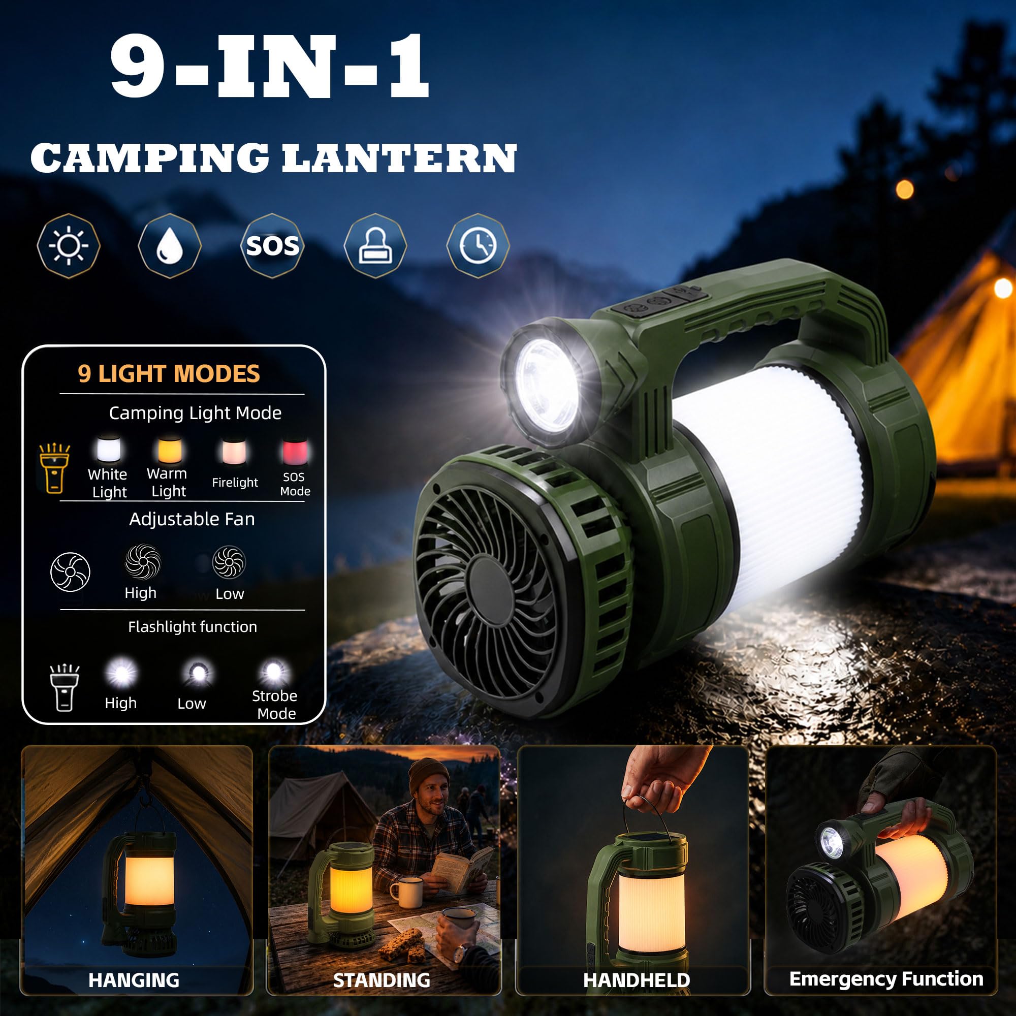 Linterna LED recargable de camping con foco de linterna, 1000 lúmenes, 3600 mAh, carga solar y USB, cabezal giratorio de 100°, resistente al agua, verde