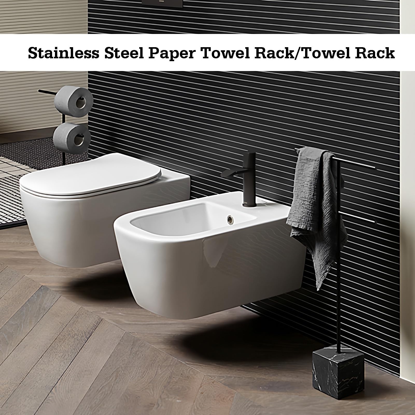 Supporto porta carta igienica con base in acciaio e marmo | Bianco e Nero, 65,5x14 cm e 80x45 cm: Bagno, Ufficio, Camera da letto, Soggiorno(White,65.5x14cm)