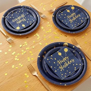 Bourns 100PCS Birthday Decorations Plate Set,Happy Birthday Plates and Napkins Party Supplies, Gold Accent Design Serve 25 Guests(Blue)
