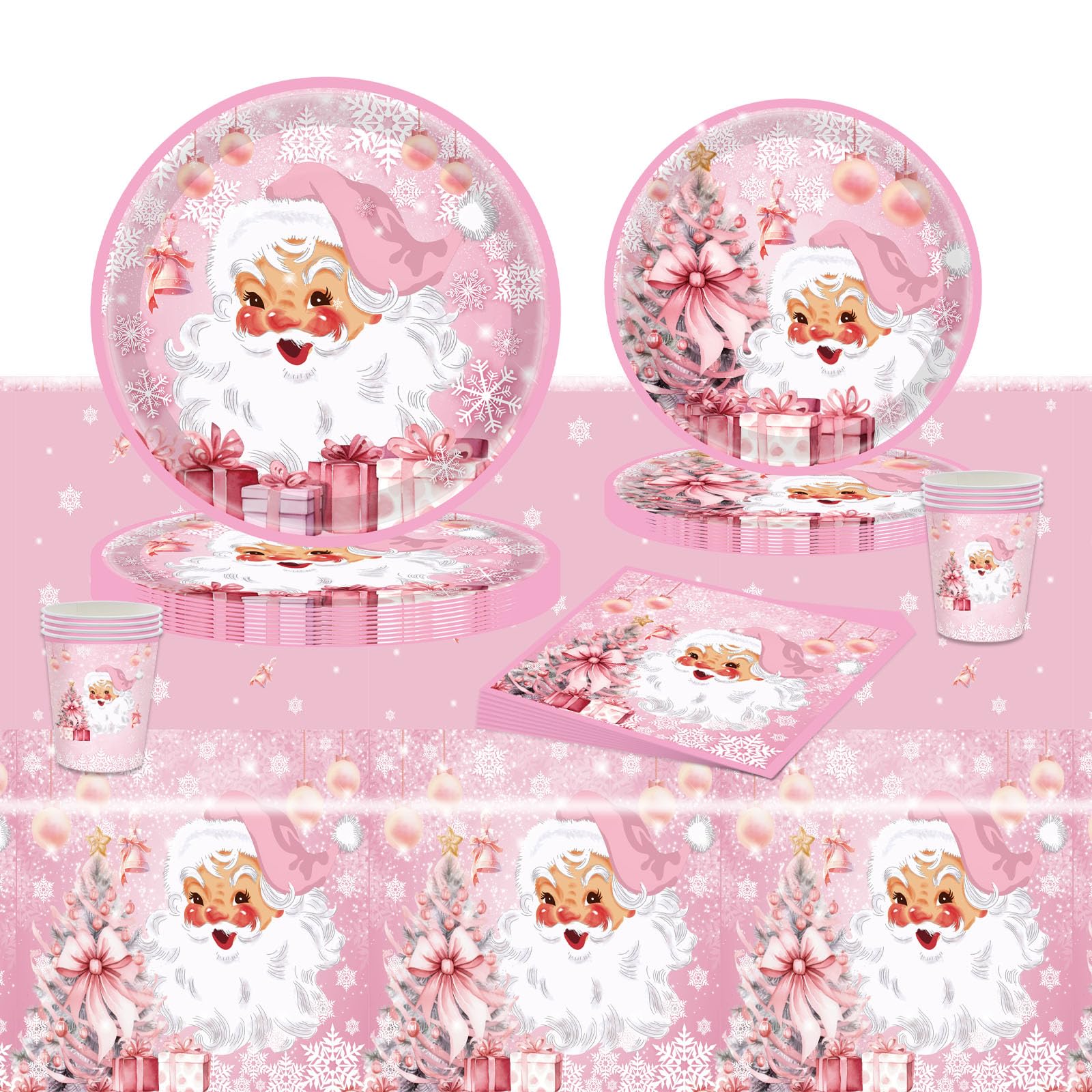 POPOYU 69Pcs Pink Christmas Party Paper Tableware Set,Novelty Santa Claus Dinnerware with Christmas Tablecloth Napkins Paper Plates Cups for Xmas Eve Table Decoration Home Party Supplies(16 Guests)