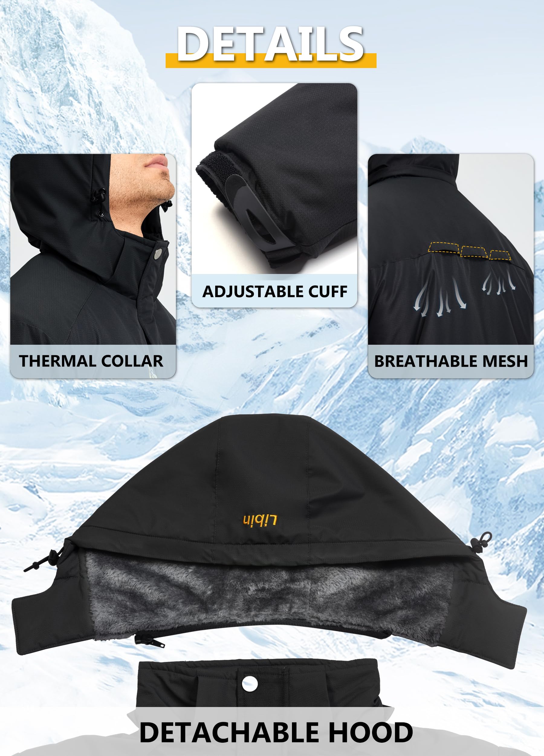 Libin Giacca da sci da uomo, calda, invernale, da snowboard, softshell per attività all'aria aperta, impermeabile, traspirante, da trekking, snowboard, da uomo, da montagna