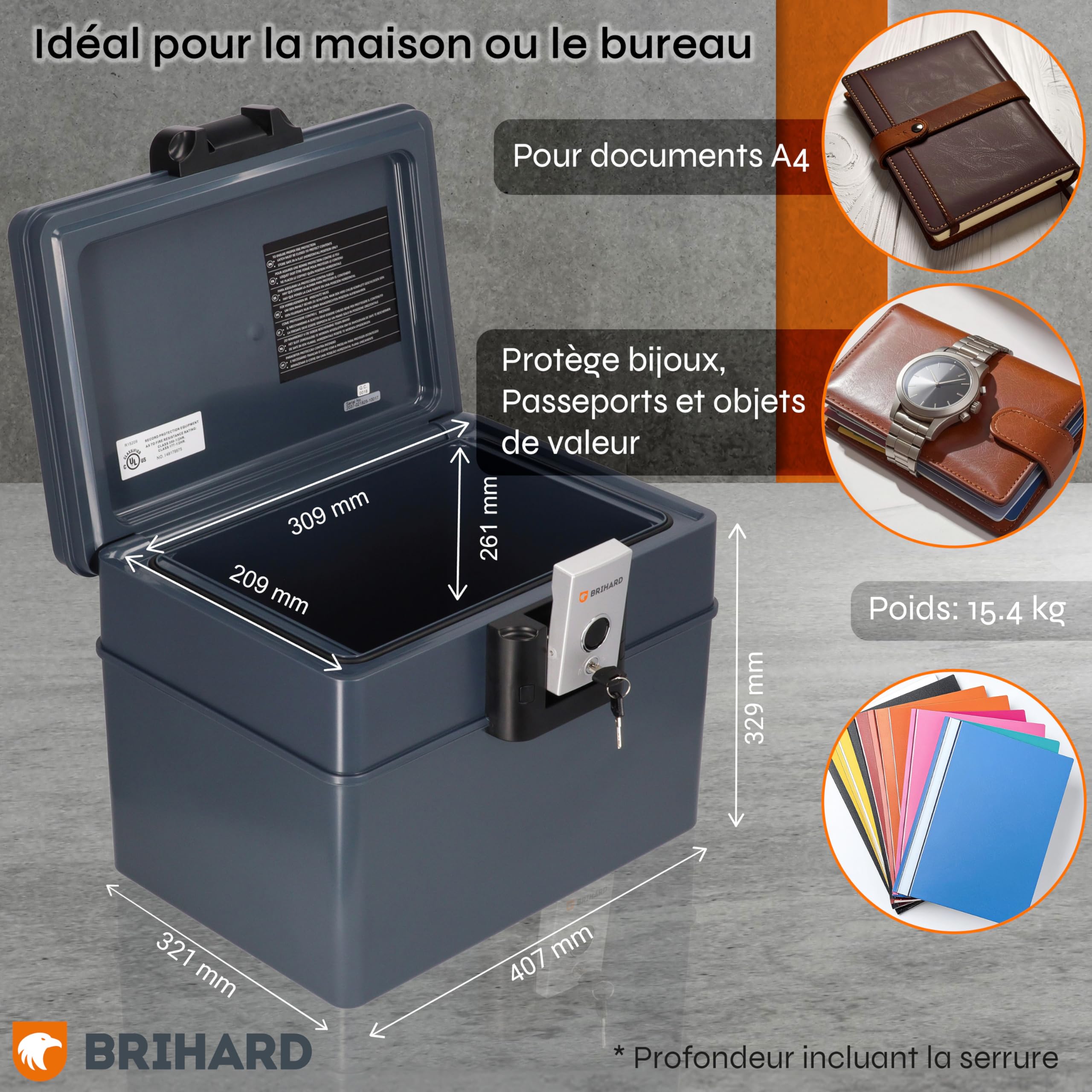 Coffre-Fort Portable Ignifuge 2037 A4 XXL – Coffre Sécurisé Étanche avec Serrure à Clé, Rangement Documents A4, Objets de Valeur H32.9×L40.7×P32.1cm