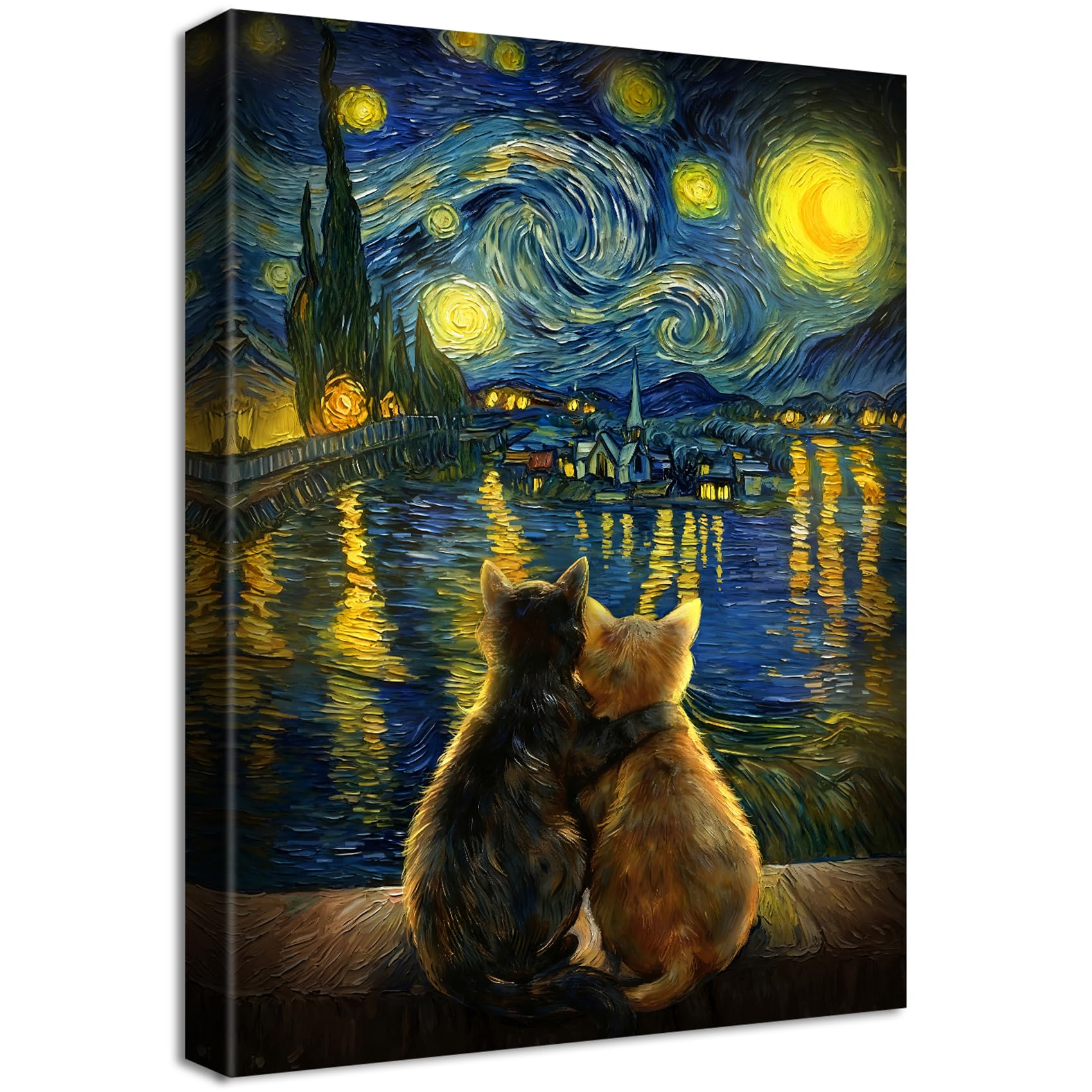 Wooden Framed Canvas Wall Art Funny Hugging Black Cat Painting on Canvas Prints Impressionism Poster Van Gogh Starry Night Over the Rhone Pictures for Living Room Bedroom Hallway Wall Decor 40x60cm โ image 1