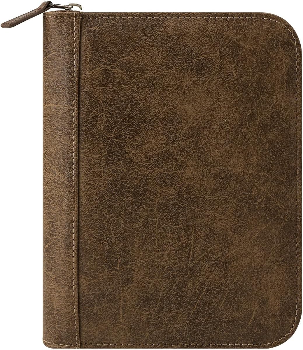 FranklinCovey - FC Basics Ring-Bound Binder for FranklinCovey Planners | Distressed Simulated Leather - Zipper Binder (Compact, Brown)