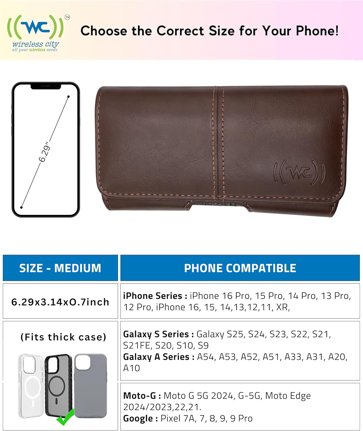 Leather Phone Holster for Men Fit to iPhone 11,12,13,14,15,16,12 Pro, 13 Pro,14 Pro, 15 Pro, 16 Pro, Cell Phone Case with Belt Clip/Loop, Carrying Pouch Phone Holder for Protective Case, Medium
