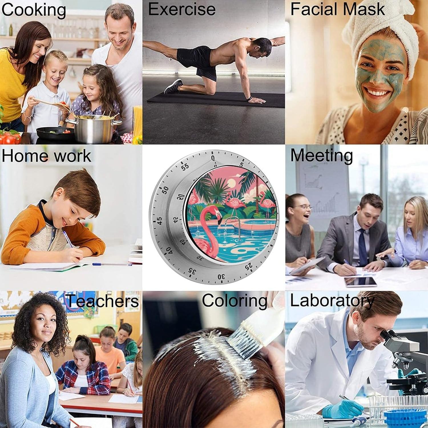 Flamingo and Swimming Pool Timer Stainless Steel Kitchen Timers Waterproof & Rust-Proof 60 Minute Mechanical Timer with Loud Alarm for Cooking, Baking, Fitness