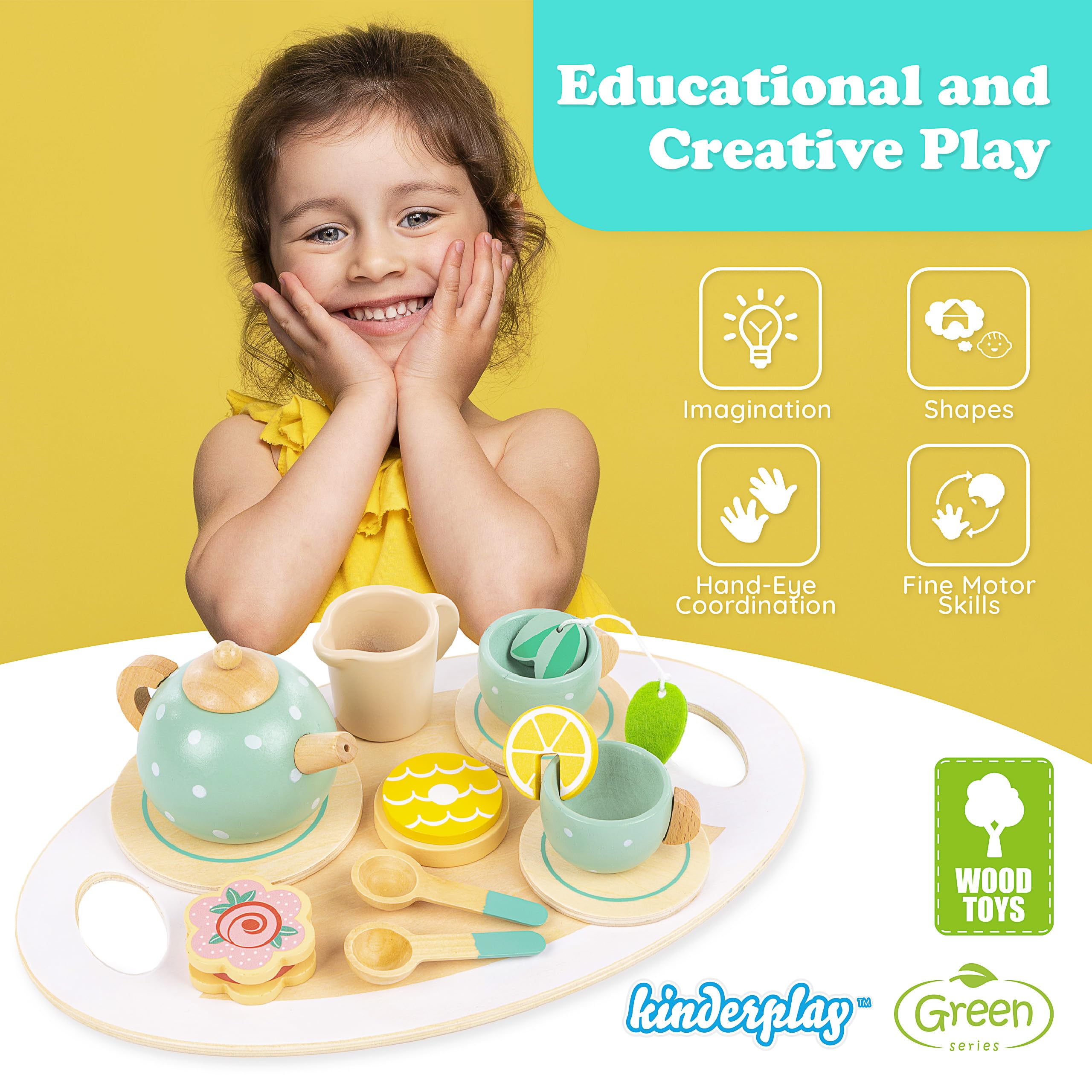 Kinderplay Servizio da Tè in Legno per Bambini – Set 15 Pezzi con Vassoio – Gioco di Imitazione per Tea Party – Accessori Cucina 3+ Anni